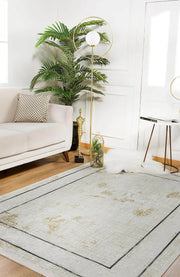 Krem Bordürlü Eskitme Desenli Modern Yıkanabilir Halı-Pera Halı