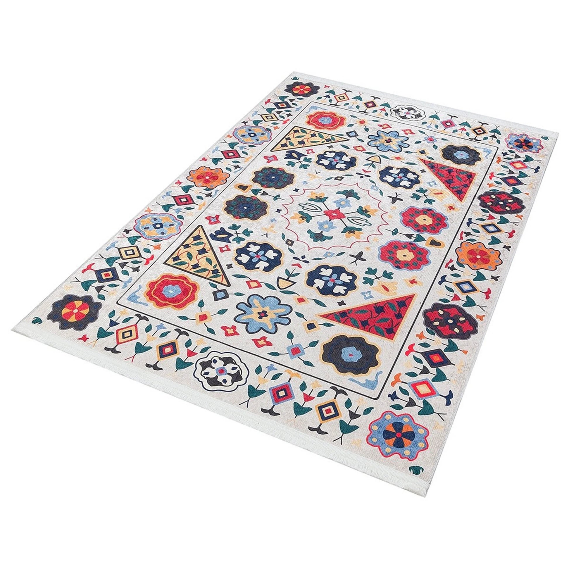 Krem Çok Renkli Çiçek Desenli Etnik Kilim Halı-Pera Halı