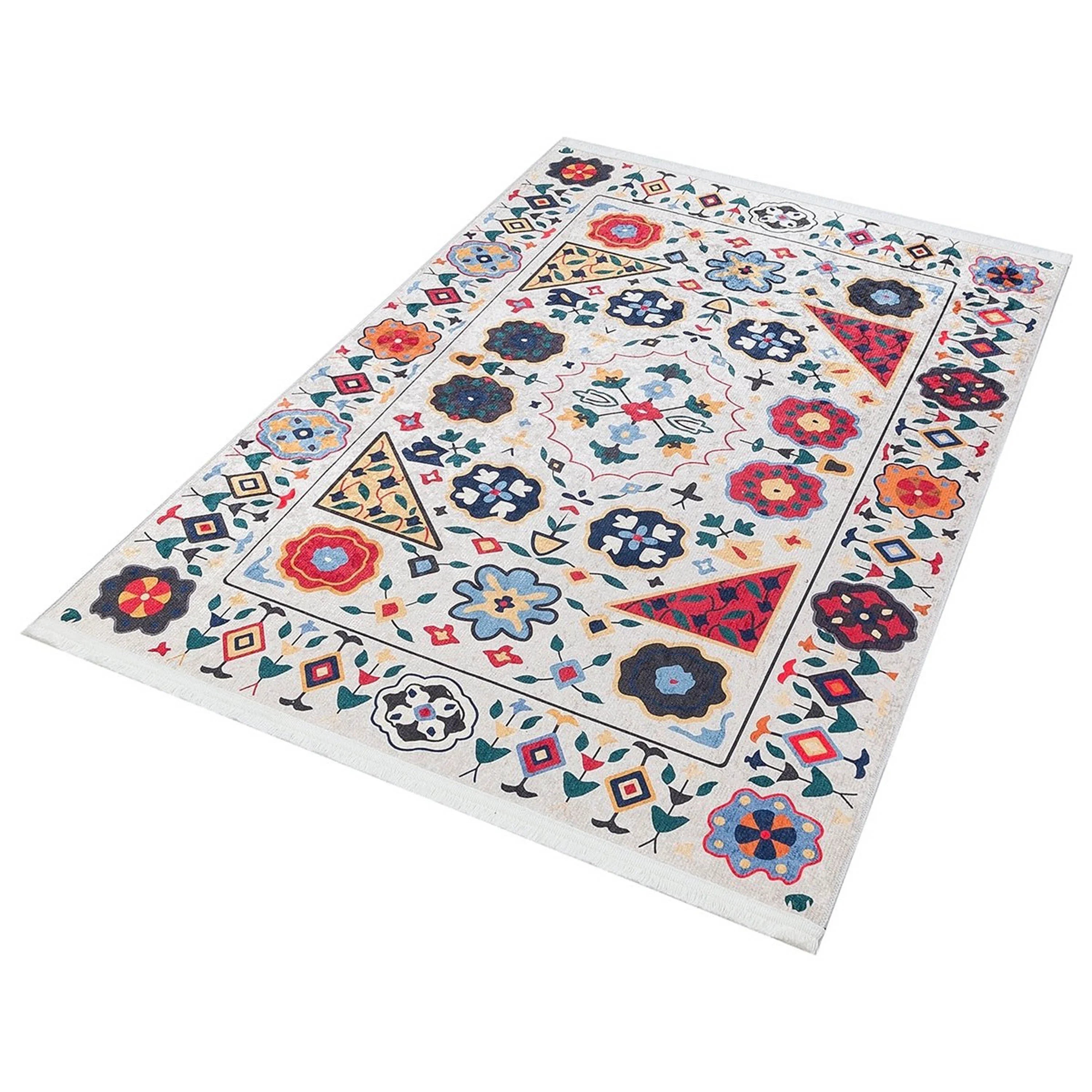 Krem Çok Renkli Çiçek Desenli Etnik Kilim Halı-Pera Halı