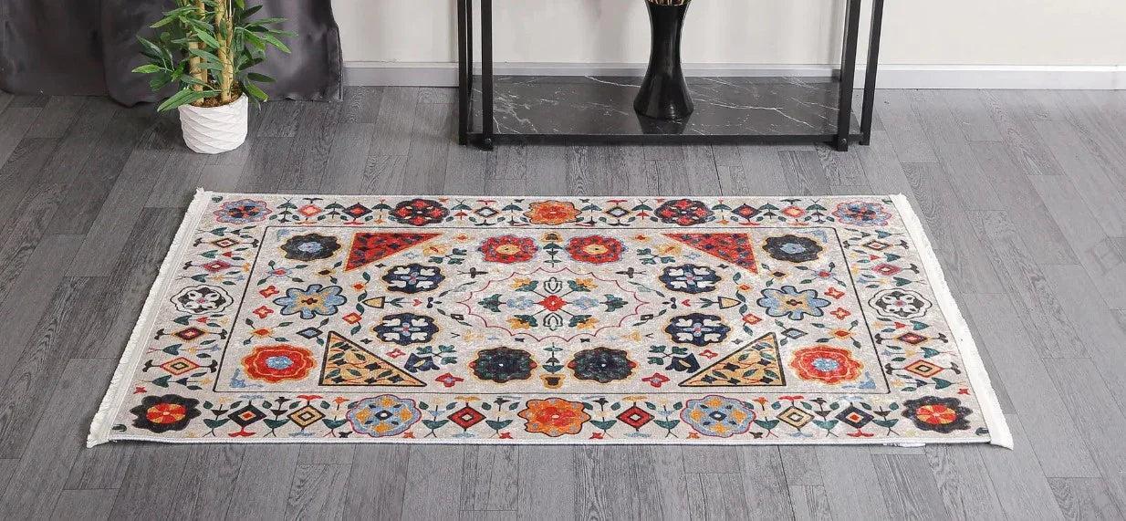 Krem Çok Renkli Çiçek Desenli Etnik Kilim Halı-Pera Halı
