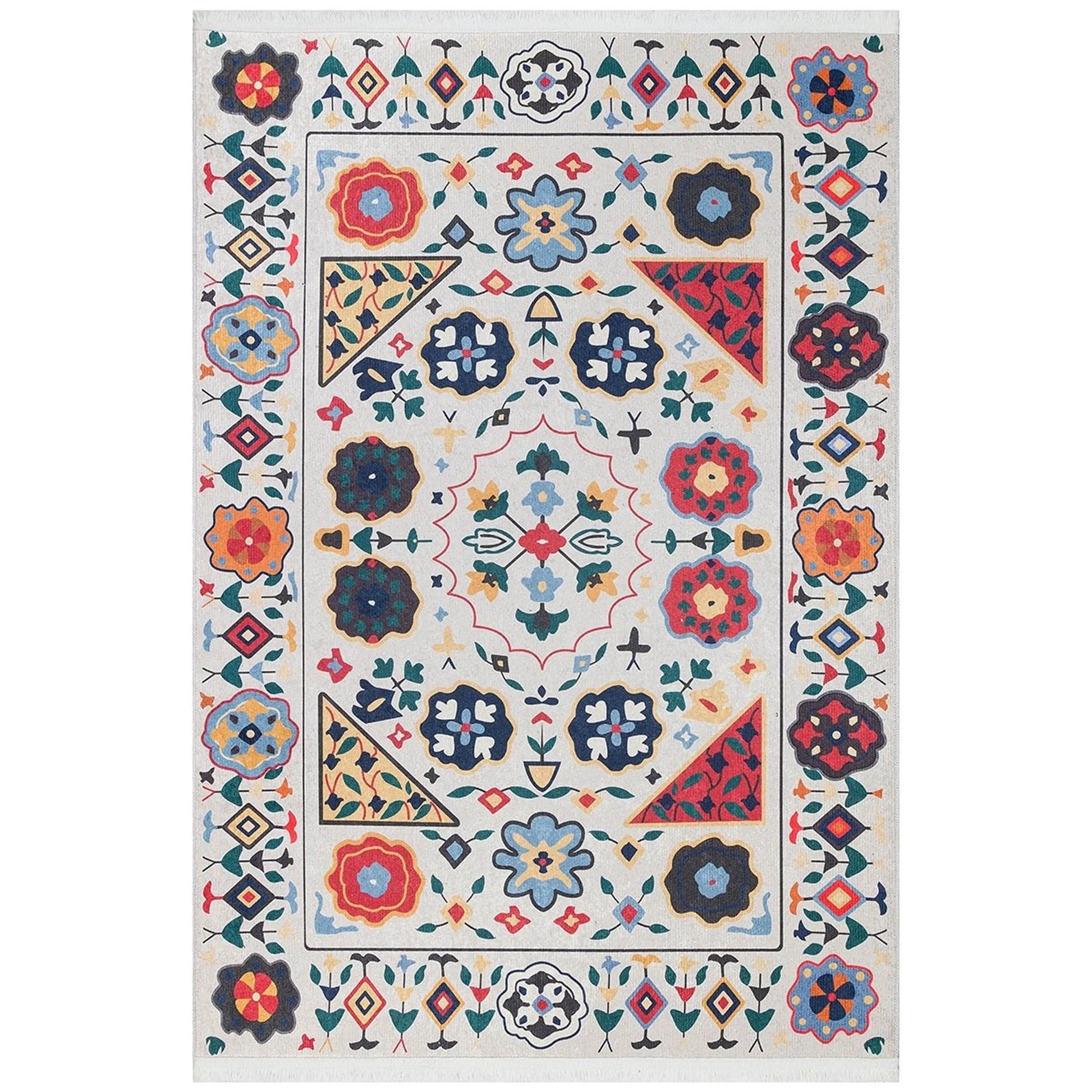 Krem Çok Renkli Çiçek Desenli Etnik Kilim Halı-Pera Halı