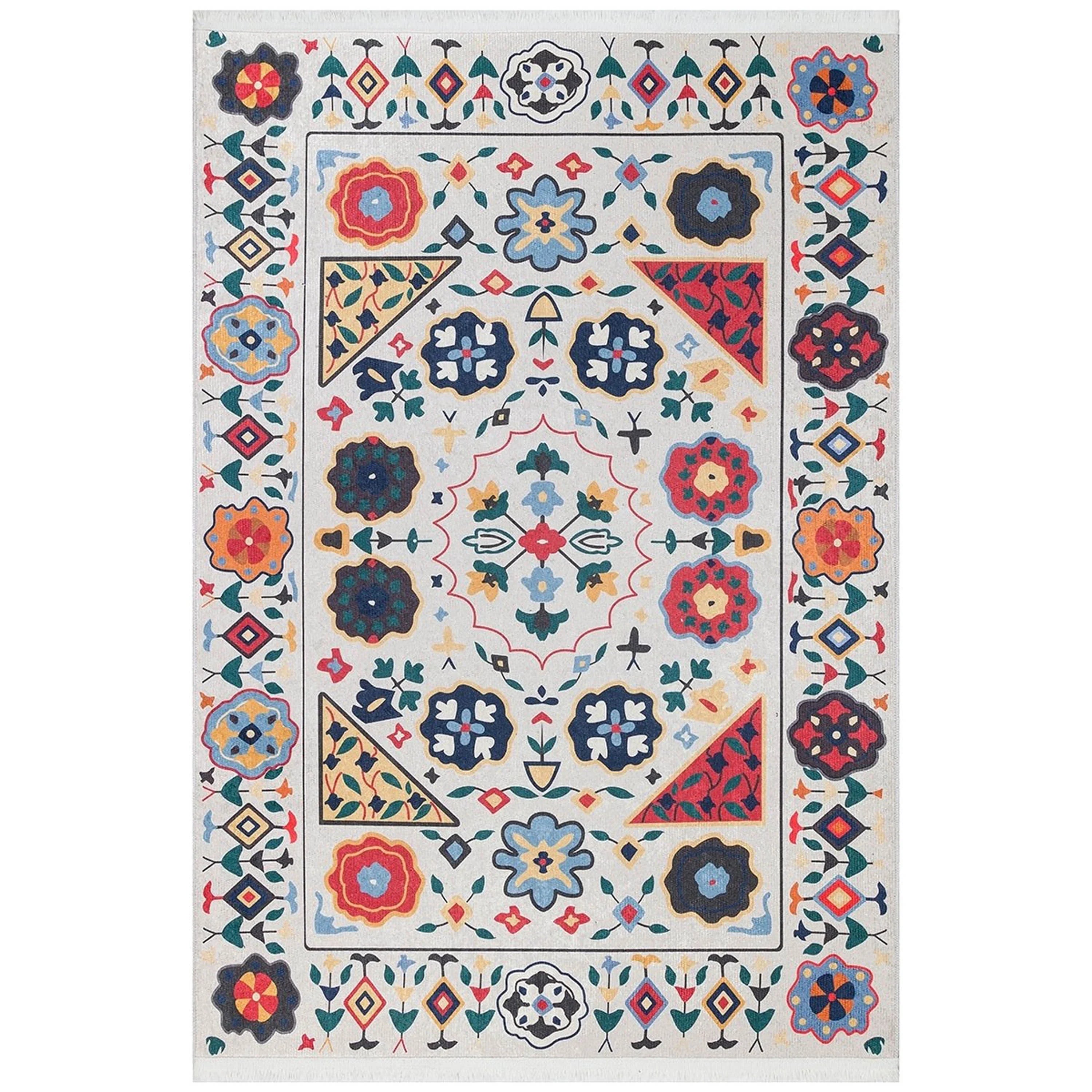 Krem Çok Renkli Çiçek Desenli Etnik Kilim Halı-Pera Halı