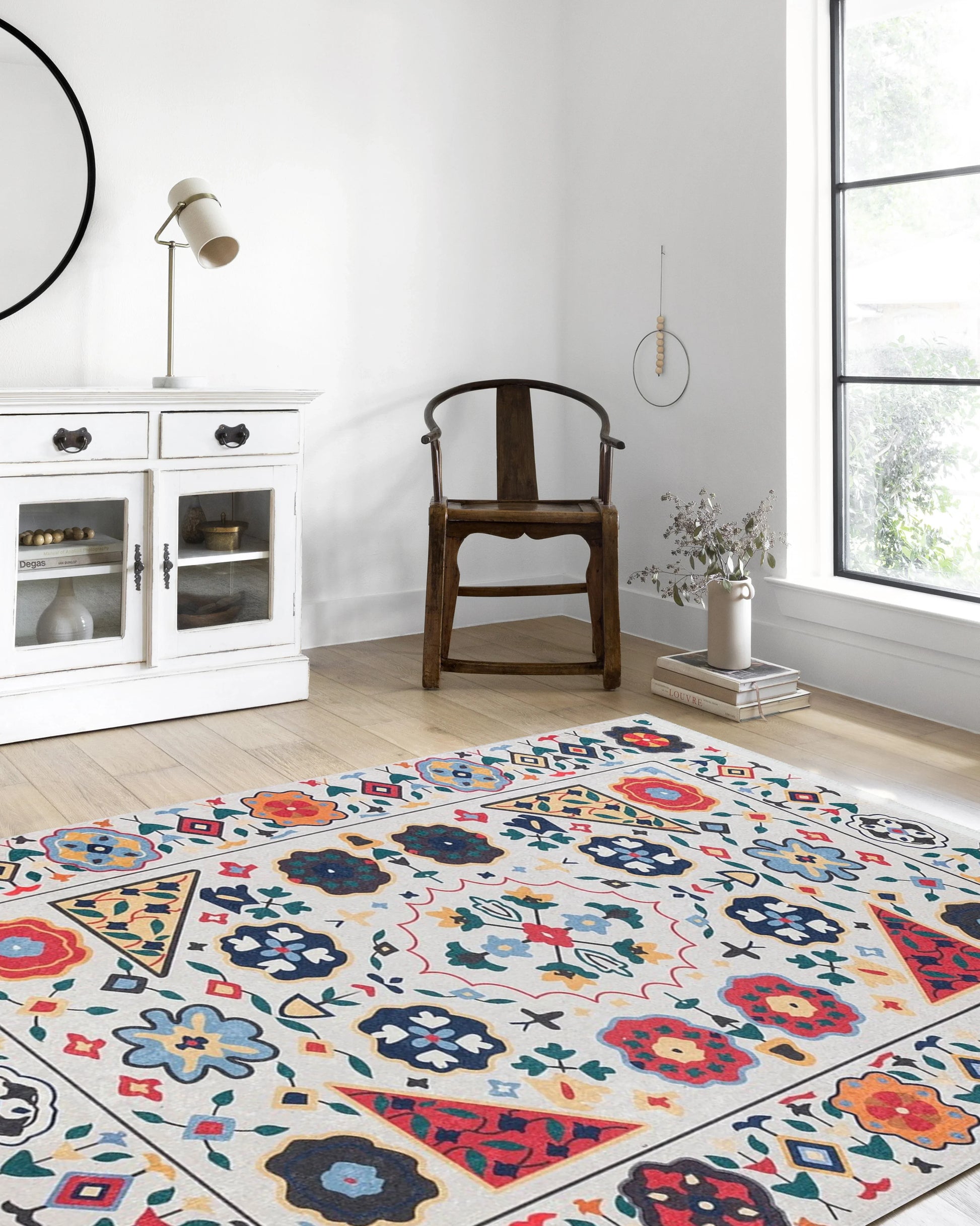 Krem Çok Renkli Çiçek Desenli Etnik Kilim Halı-Pera Halı