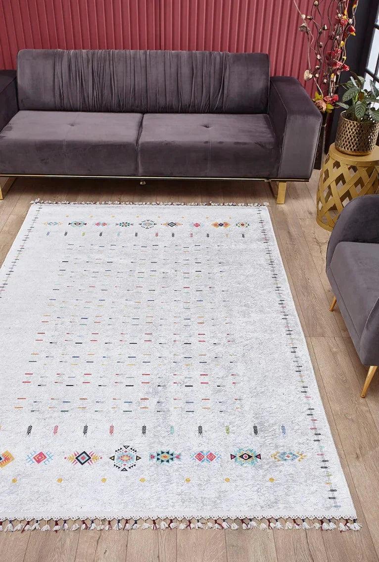 Krem Çok Renkli Etnik Desenli Modern Saçaklı Kilim Halı-Pera Halı