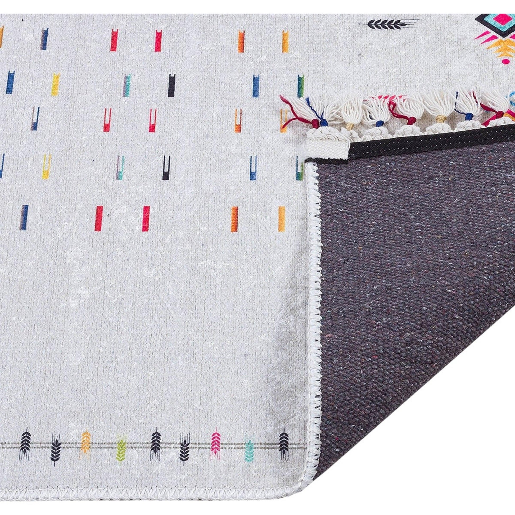 Krem Çok Renkli Etnik Desenli Modern Saçaklı Kilim Halı-Pera Halı