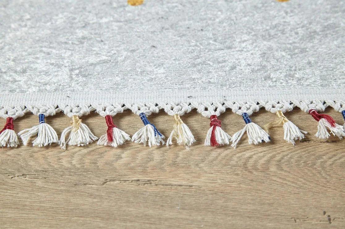 Krem Çok Renkli Etnik Desenli Modern Saçaklı Kilim Halı-Pera Halı