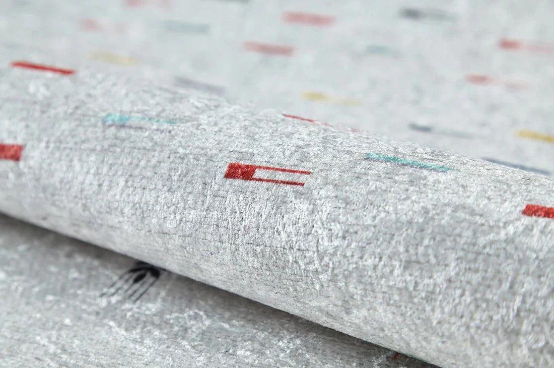 Krem Çok Renkli Etnik Desenli Modern Saçaklı Kilim Halı-Pera Halı