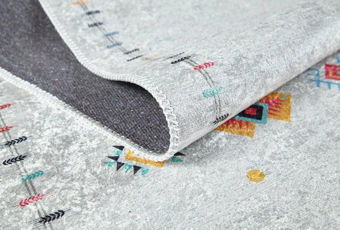 Krem Çok Renkli Etnik Desenli Modern Saçaklı Kilim Halı-Pera Halı