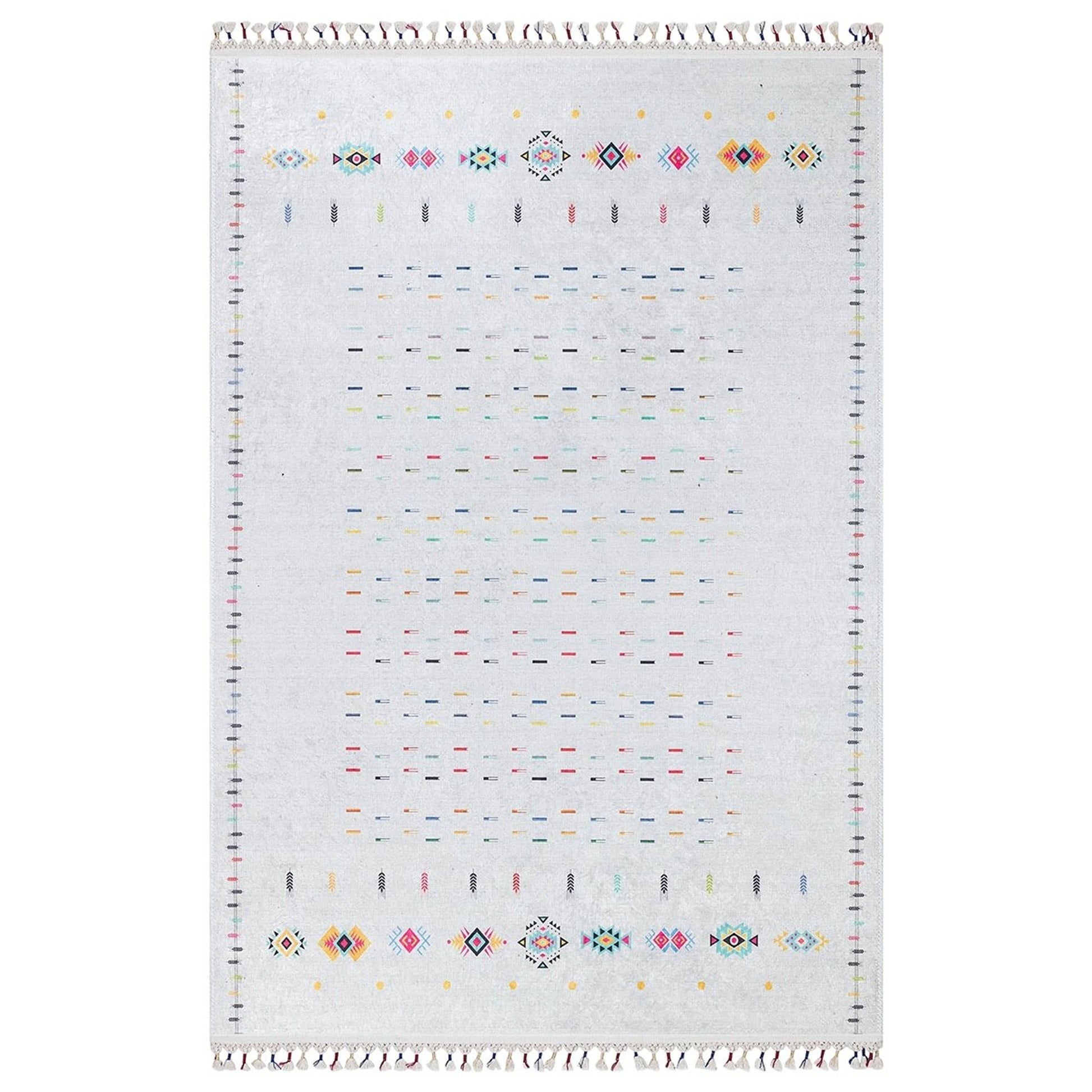 Krem Çok Renkli Etnik Desenli Modern Saçaklı Kilim Halı-Pera Halı