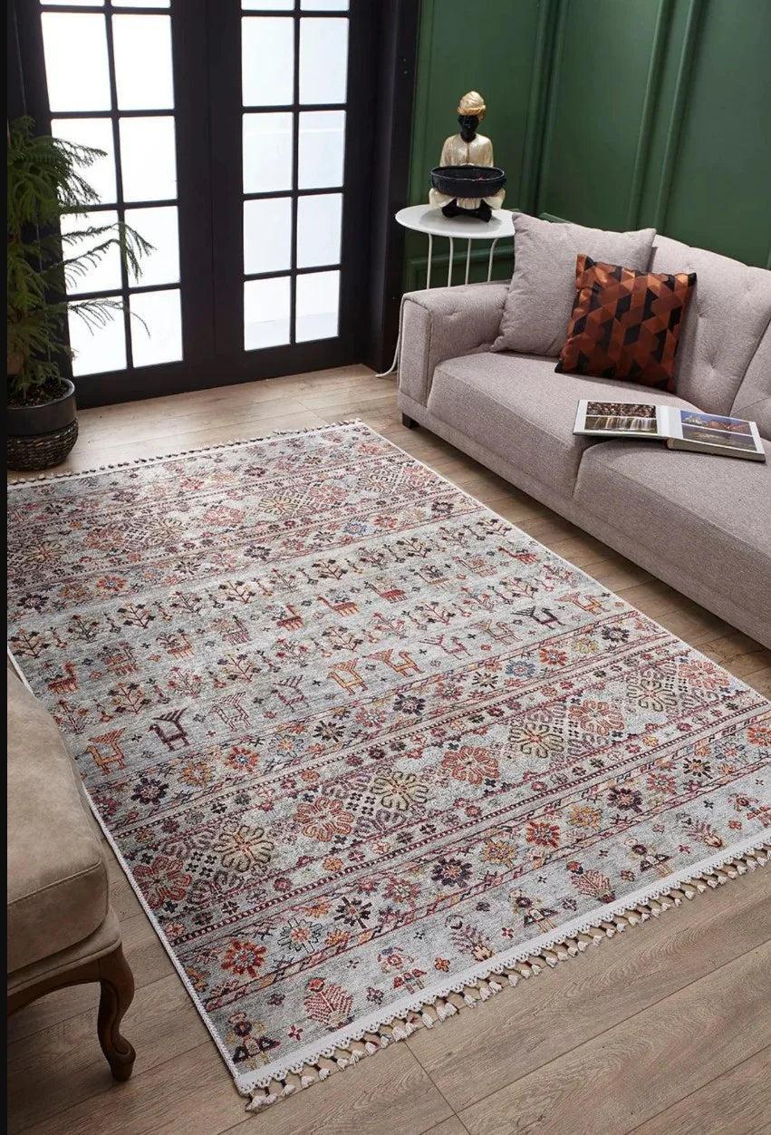 Krem Çok Renkli Etnik Desenli Vintage Kilim Halı-Pera Halı