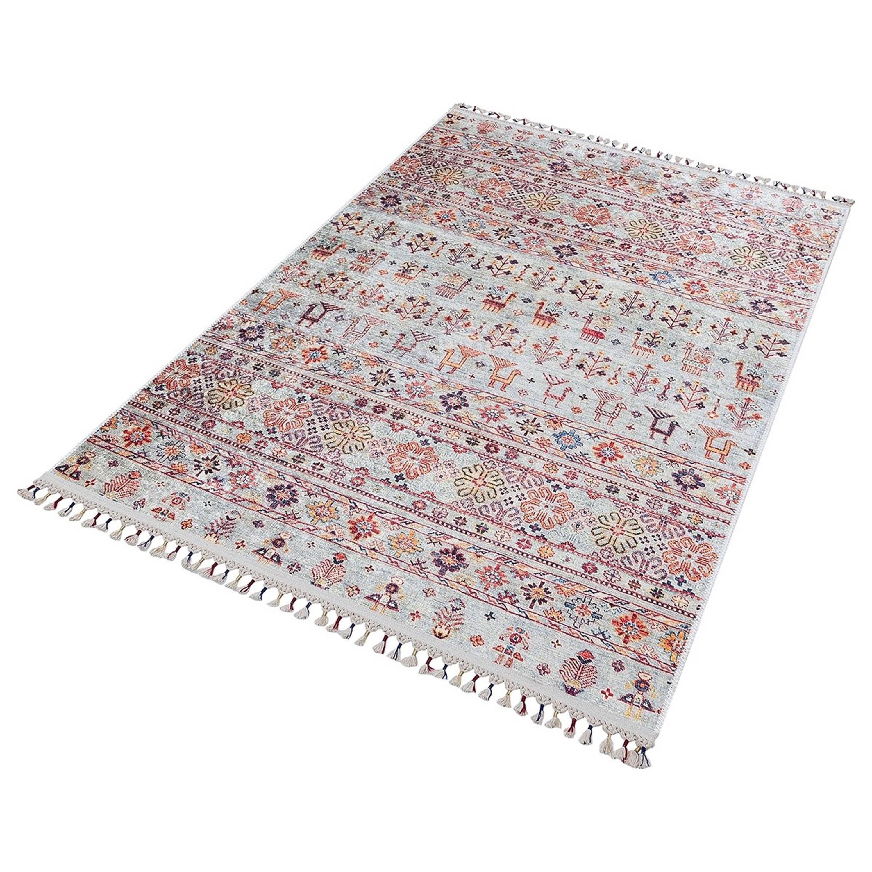 Krem Çok Renkli Etnik Desenli Vintage Kilim Halı-Pera Halı