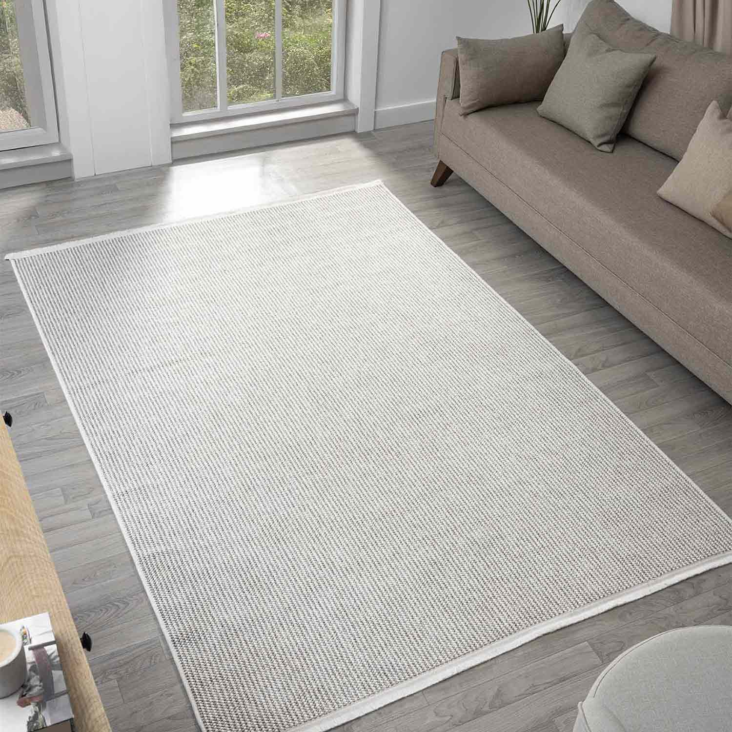 Krem Gri Bukle Dokulu Düz Renk Modern Halı-Pera Halı