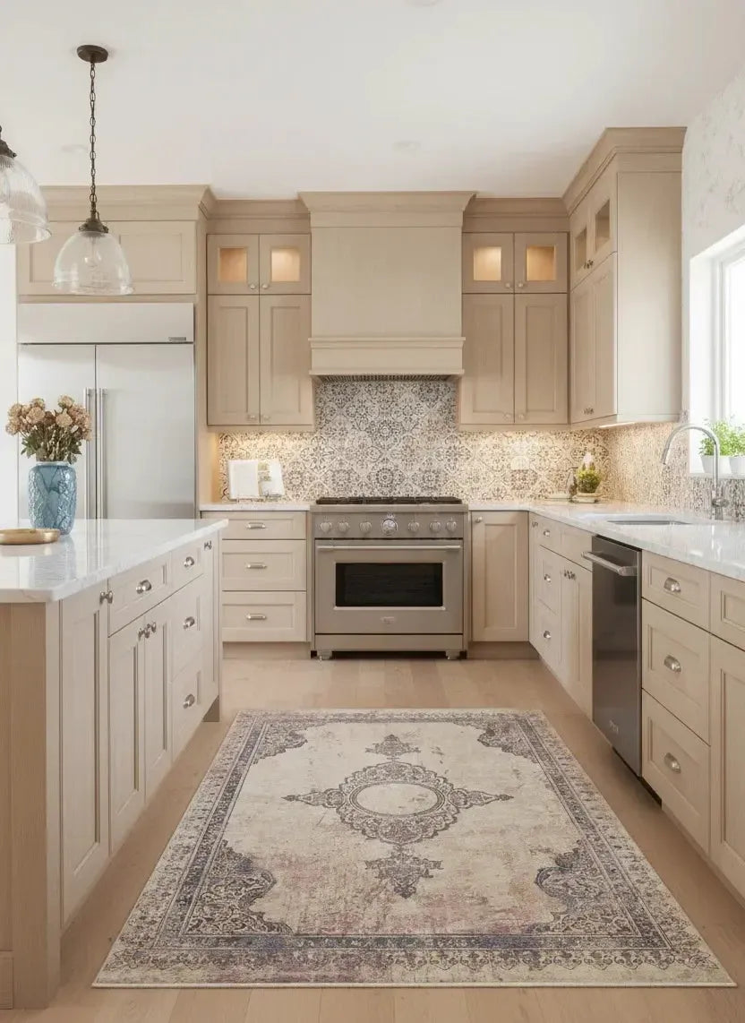 Krem, Mavi ve Bej Vintage Klasik Eskitme Efektli Yıkanabilir Halı-Pera Halı