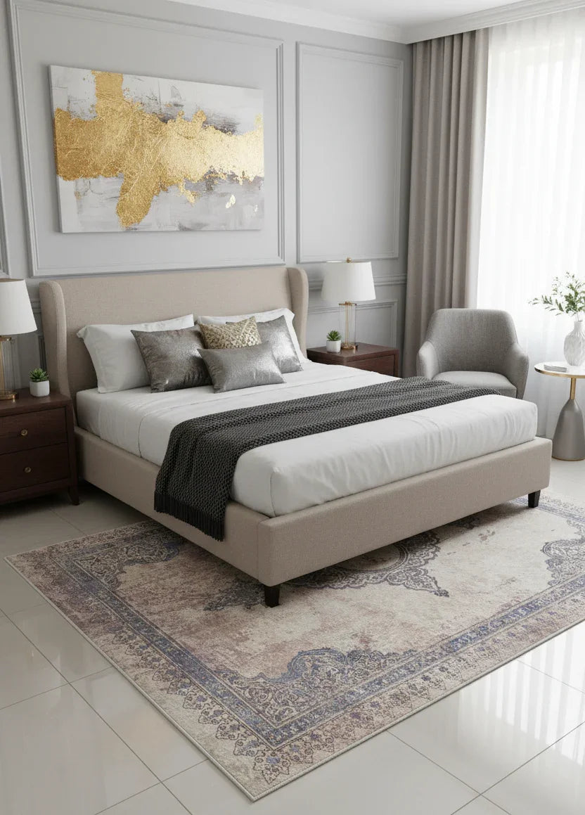 Krem, Mavi ve Bej Vintage Klasik Eskitme Efektli Yıkanabilir Halı-Pera Halı