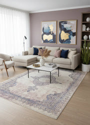 Krem, Mavi ve Bej Vintage Klasik Eskitme Efektli Yıkanabilir Halı-Pera Halı