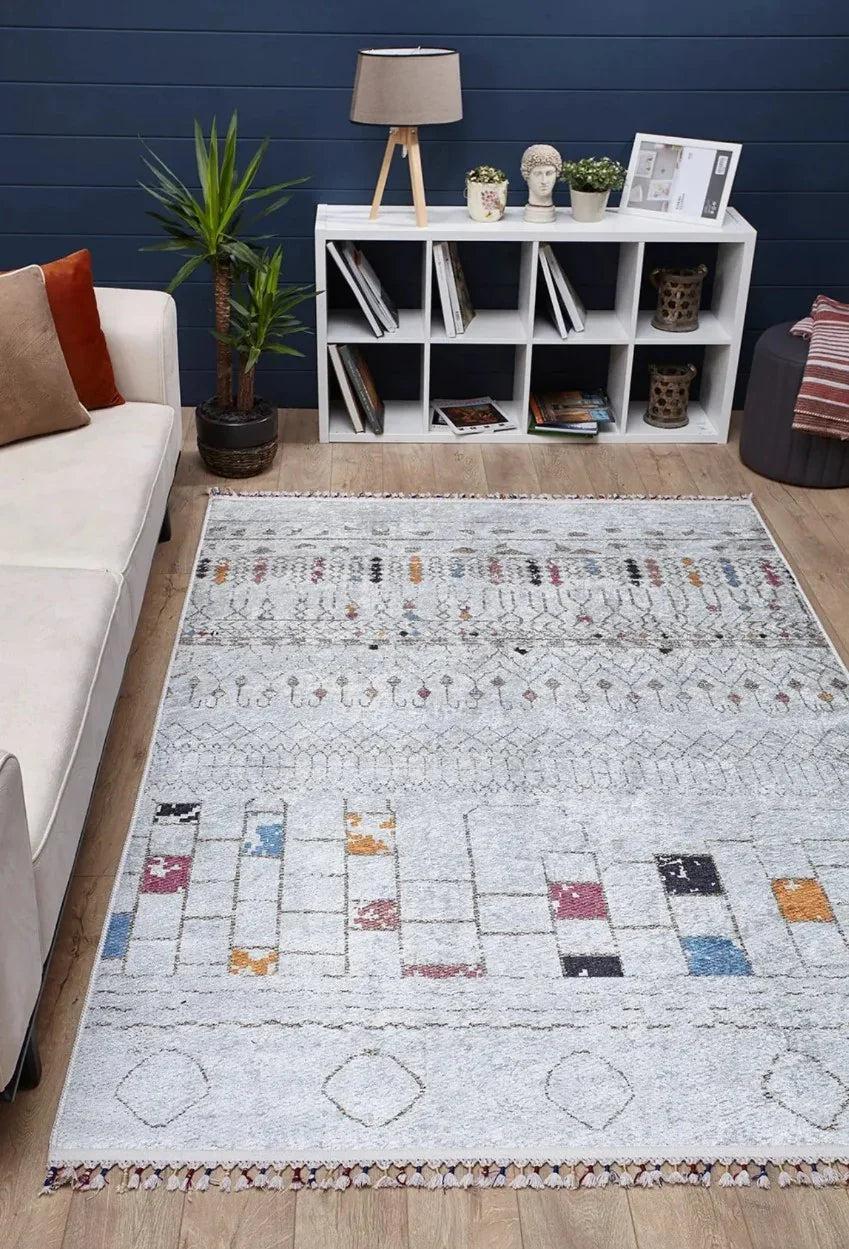 Krem Renkli Etnik Desenli Modern Kilim Halı-Pera Halı