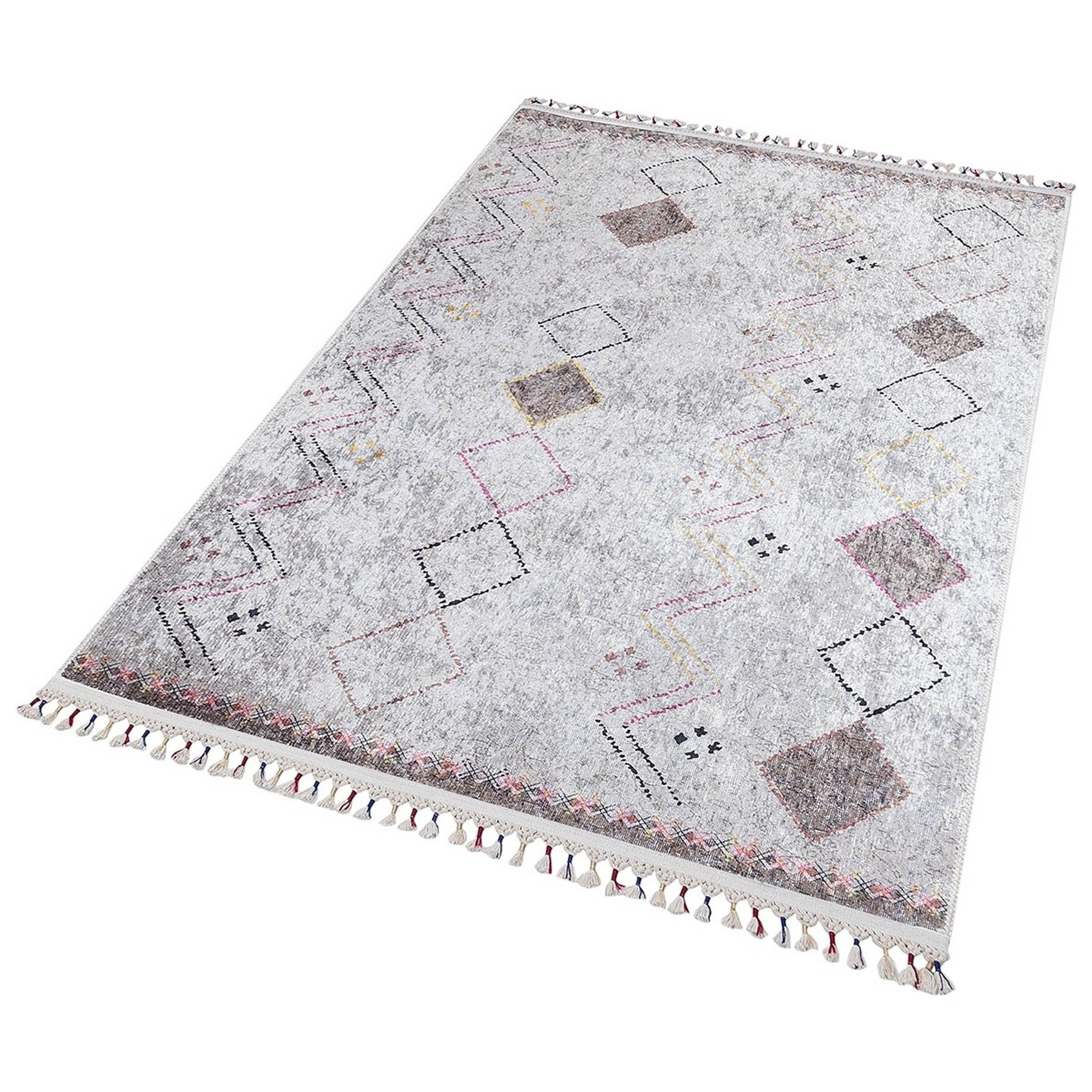 Krem Renkli Geometrik Desenli Modern Saçaklı Kaymaz Kilim Halı-Pera Halı