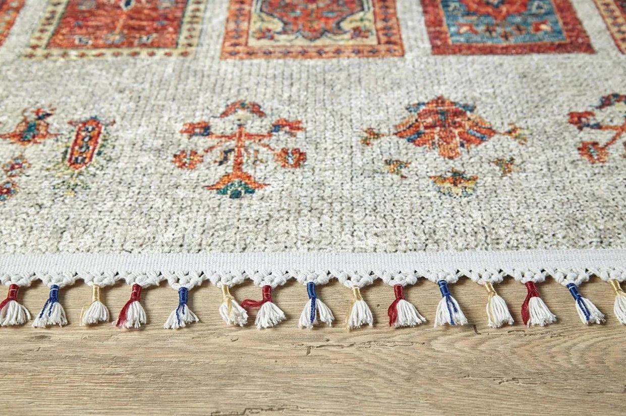 Krem Renkli Patchwork Desenli Vintage Kilim Halı-Pera Halı