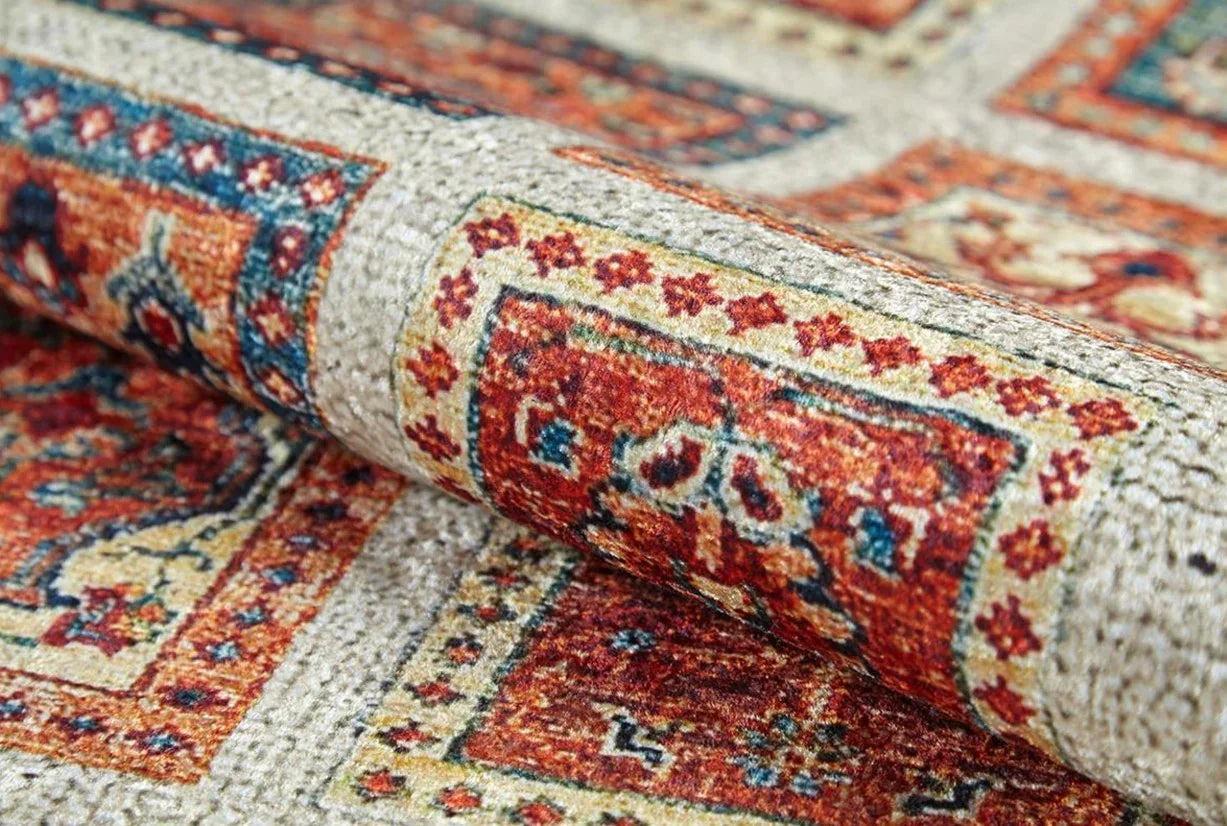 Krem Renkli Patchwork Desenli Vintage Kilim Halı-Pera Halı