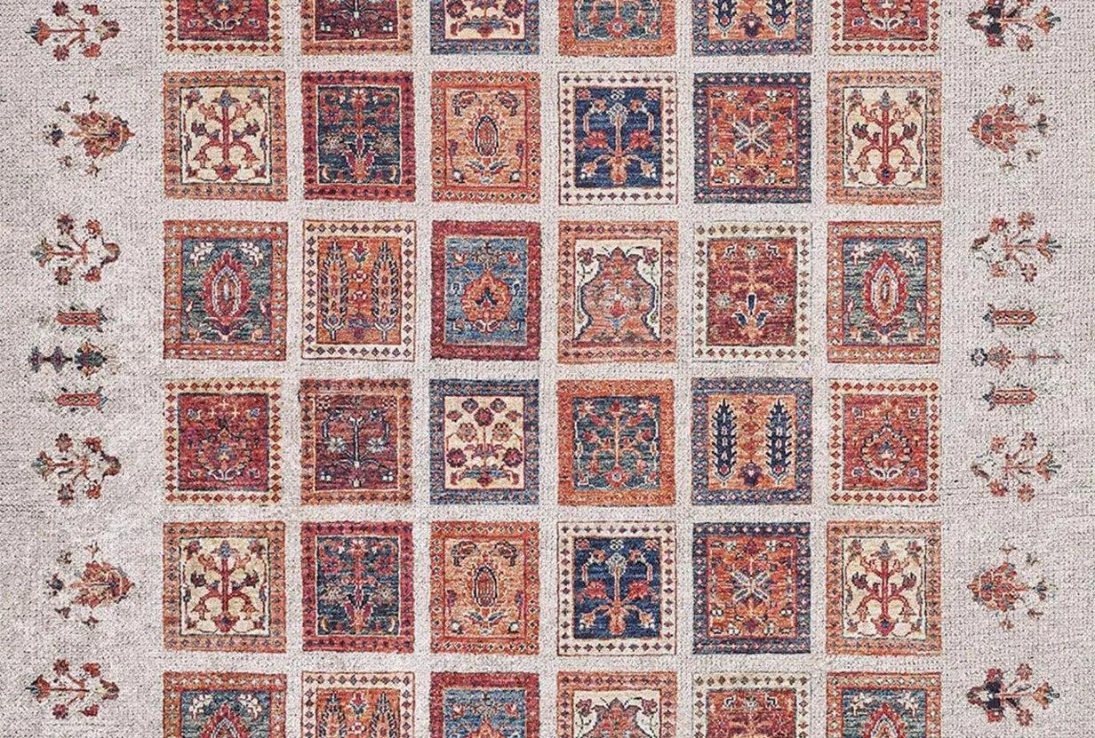 Krem Renkli Patchwork Desenli Vintage Kilim Halı-Pera Halı