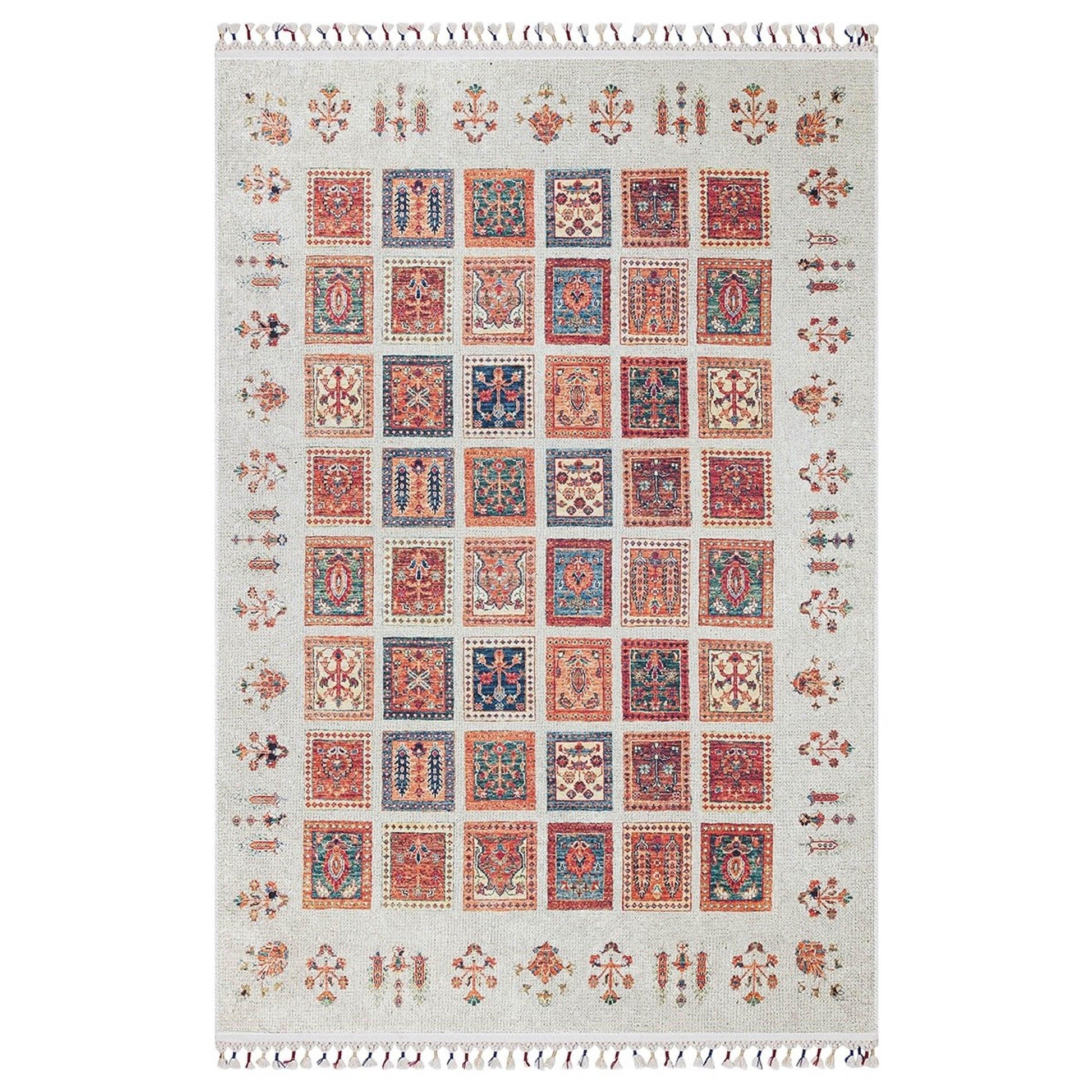 Krem Renkli Patchwork Desenli Vintage Kilim Halı-Pera Halı