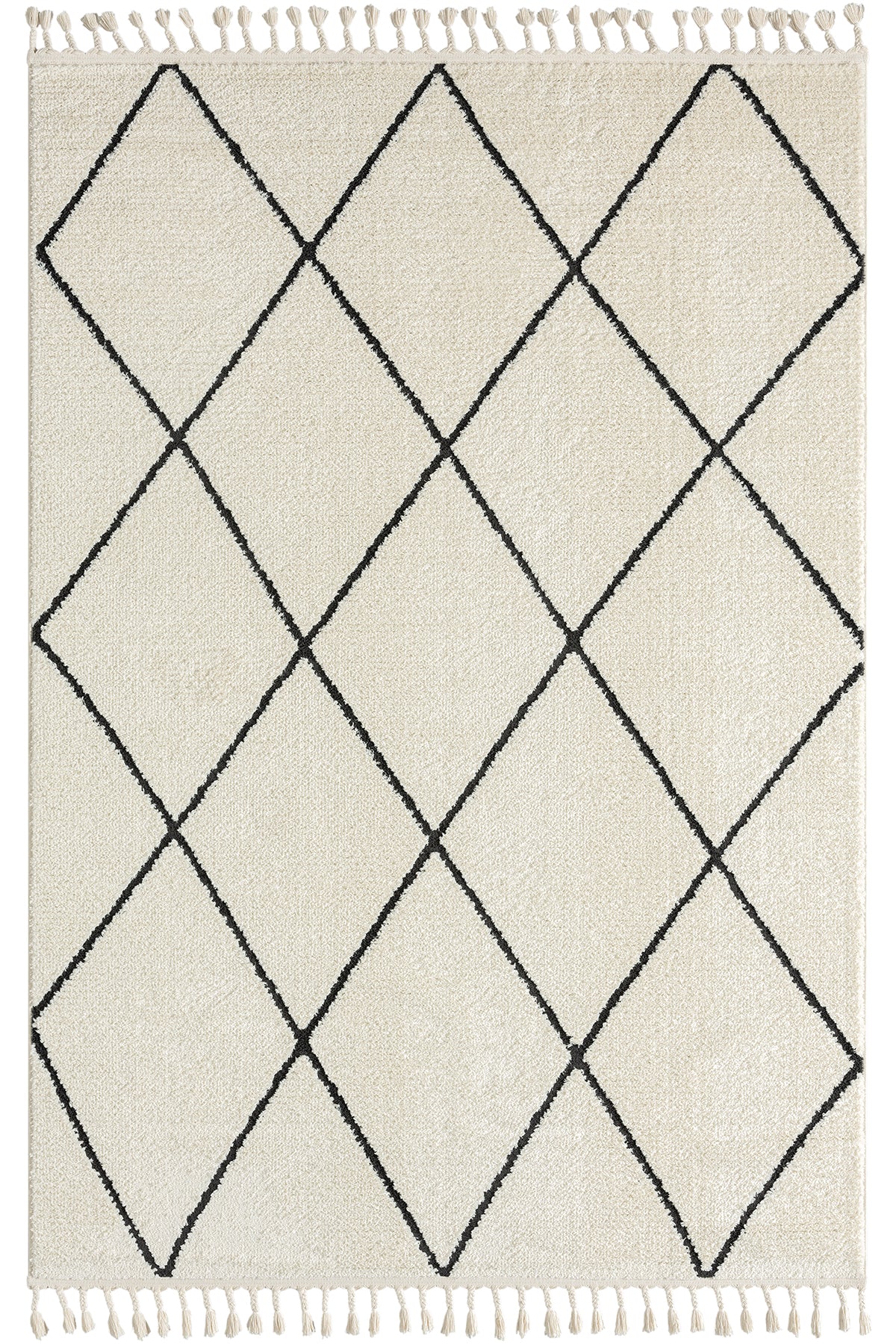 Krem Siyah Baklava Desenli Saçaklı Modern Halı-Pera Halı