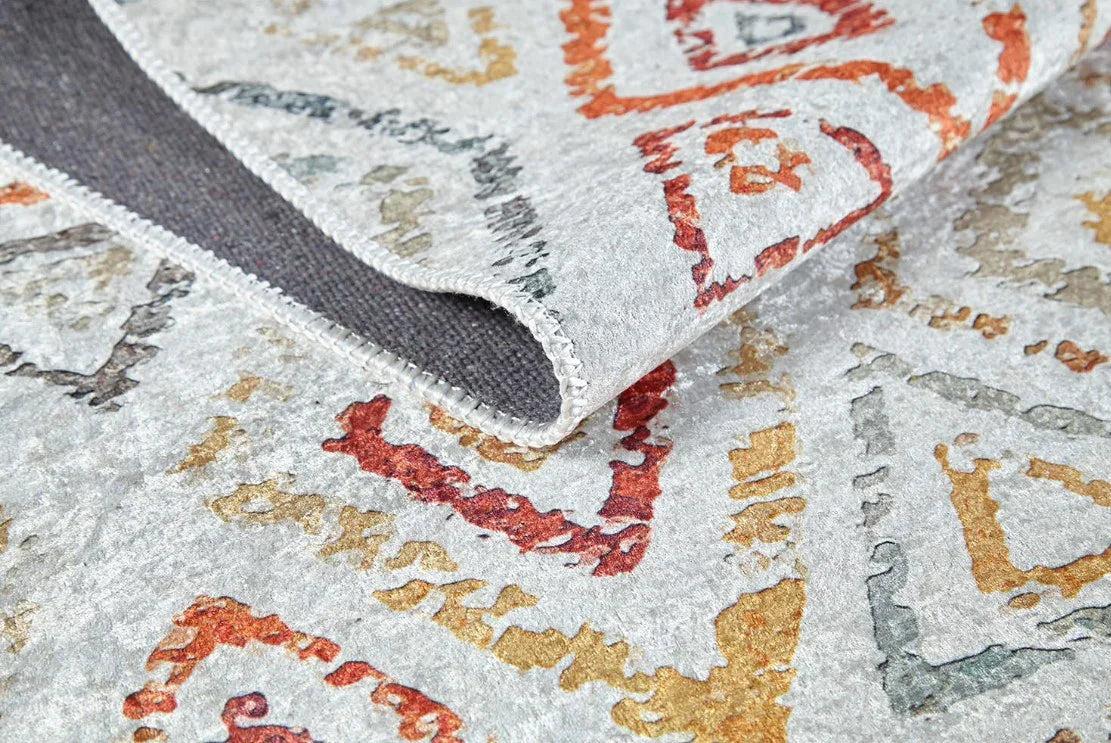 Krem Turuncu Çok Renkli Geometrik Desenli Modern Kilim Halı-Pera Halı