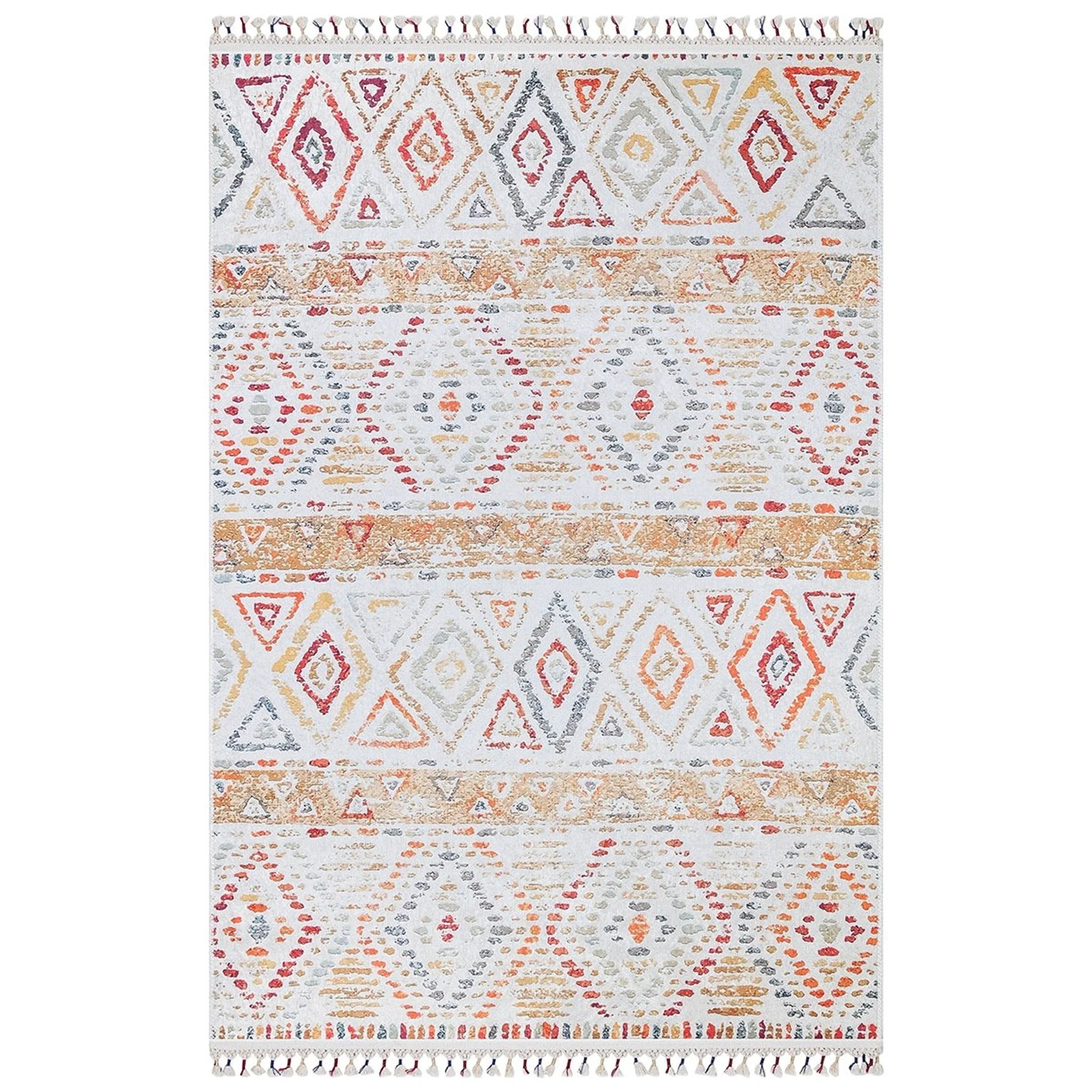 Krem Turuncu Çok Renkli Geometrik Desenli Modern Kilim Halı-Pera Halı