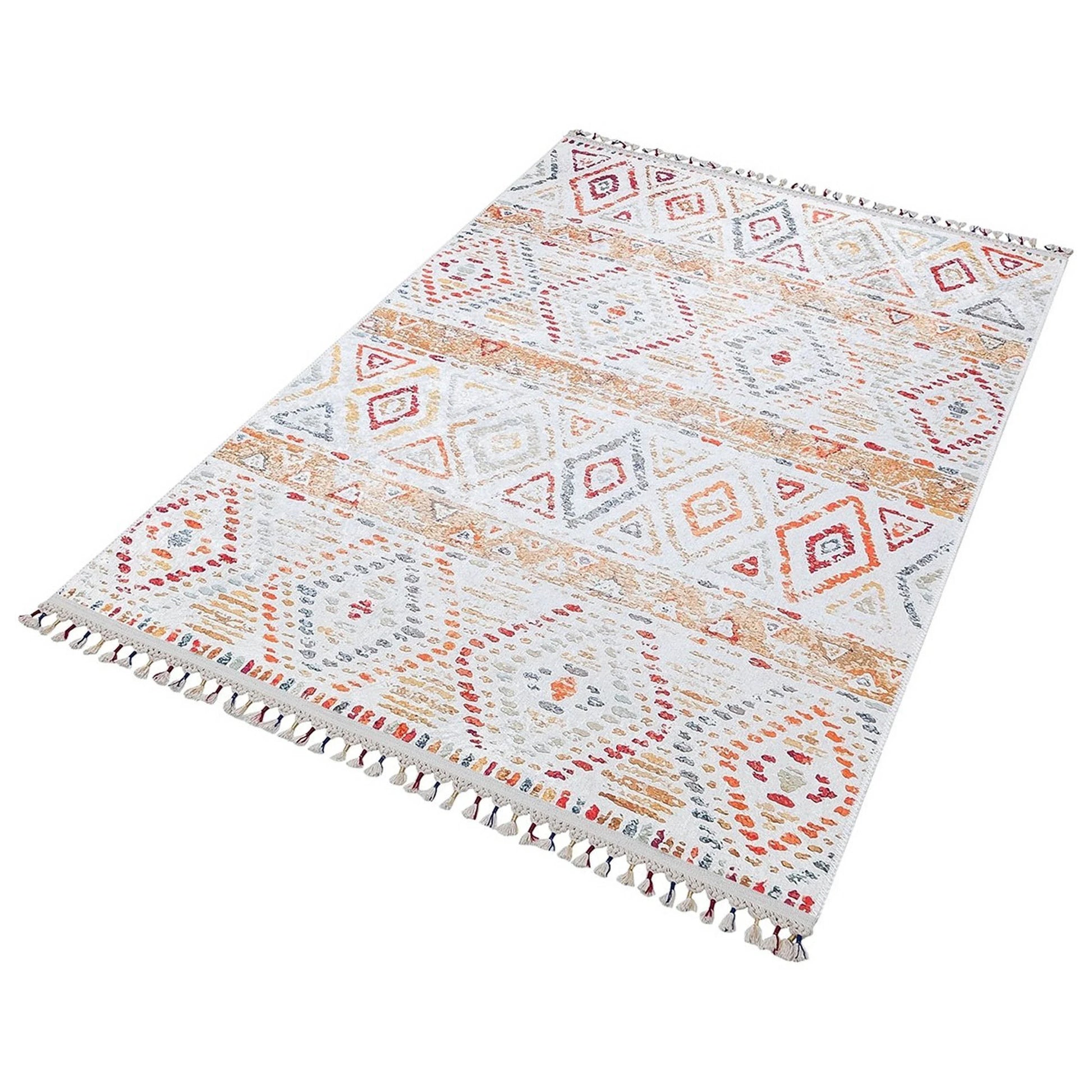 Krem Turuncu Çok Renkli Geometrik Desenli Modern Kilim Halı-Pera Halı