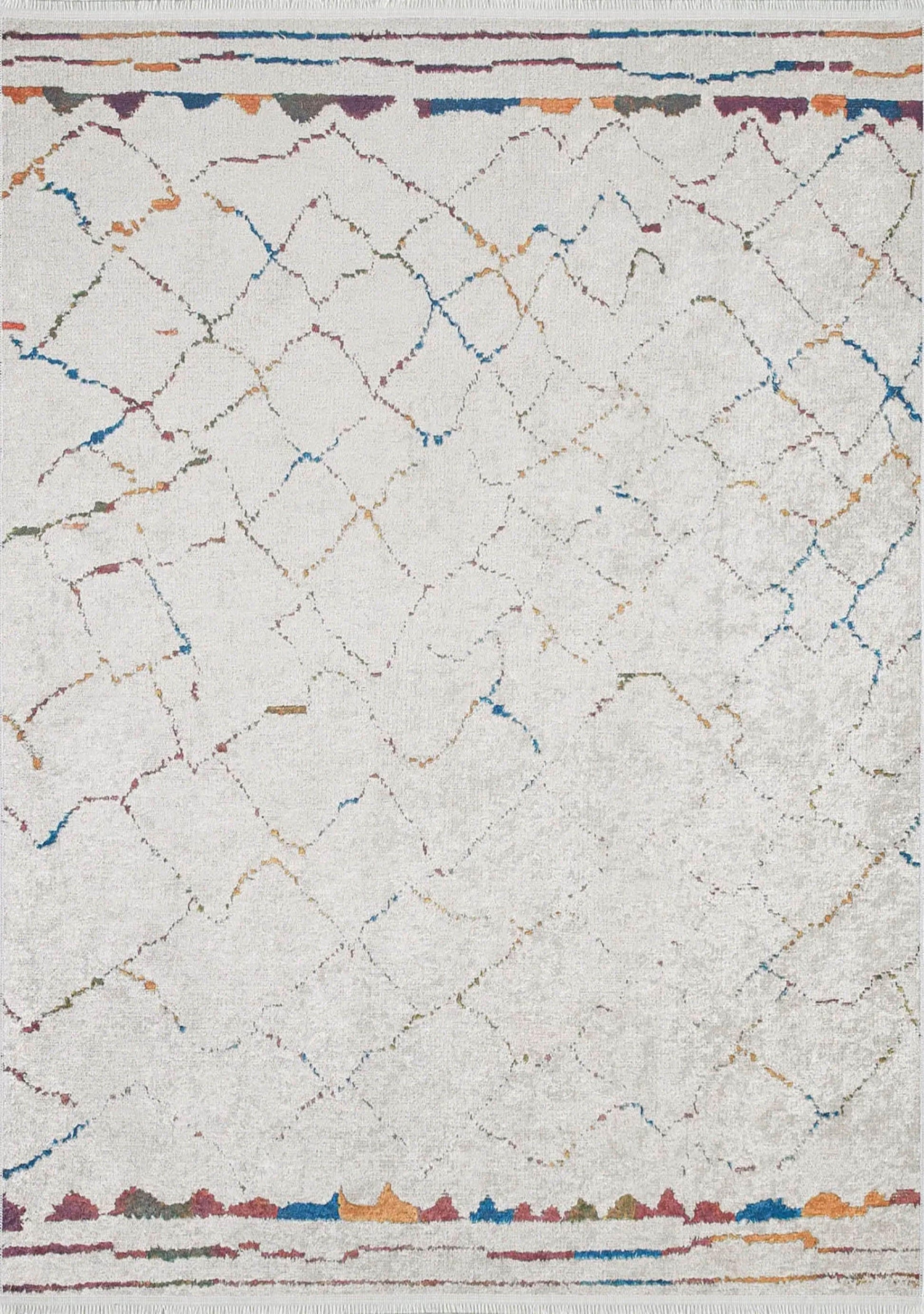 Krem Zeminli Çok Renkli Fas Izgara Desenli Modern Bohem Halı-Pera Halı