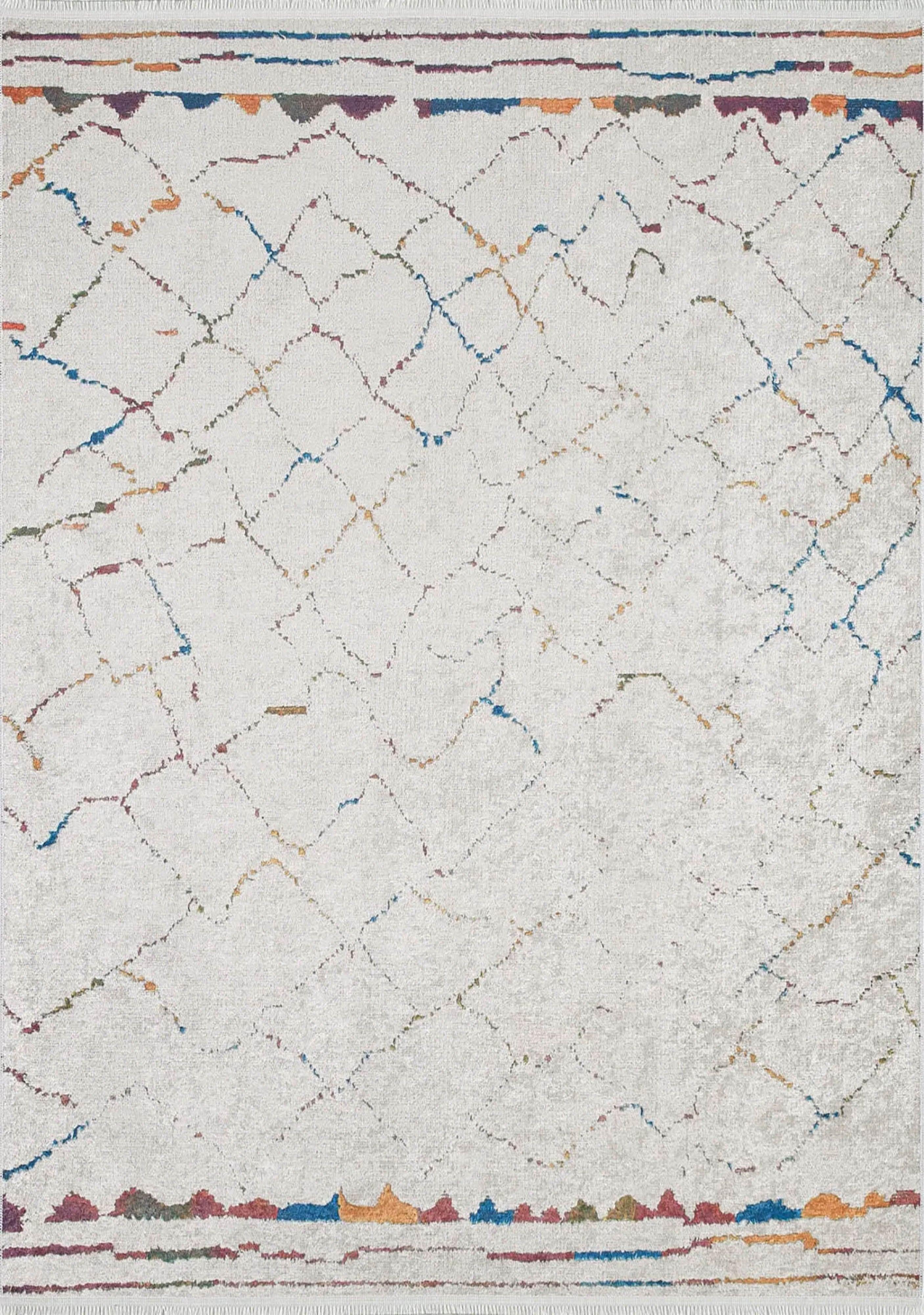 Krem Zeminli Çok Renkli Fas Izgara Desenli Modern Bohem Halı-Pera Halı