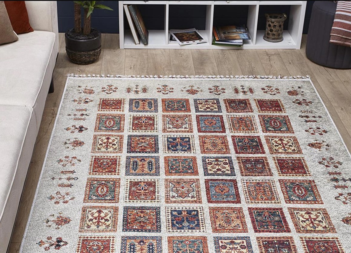Krem Renkli Patchwork Desenli Vintage Kilim Halı - Pera Halı
