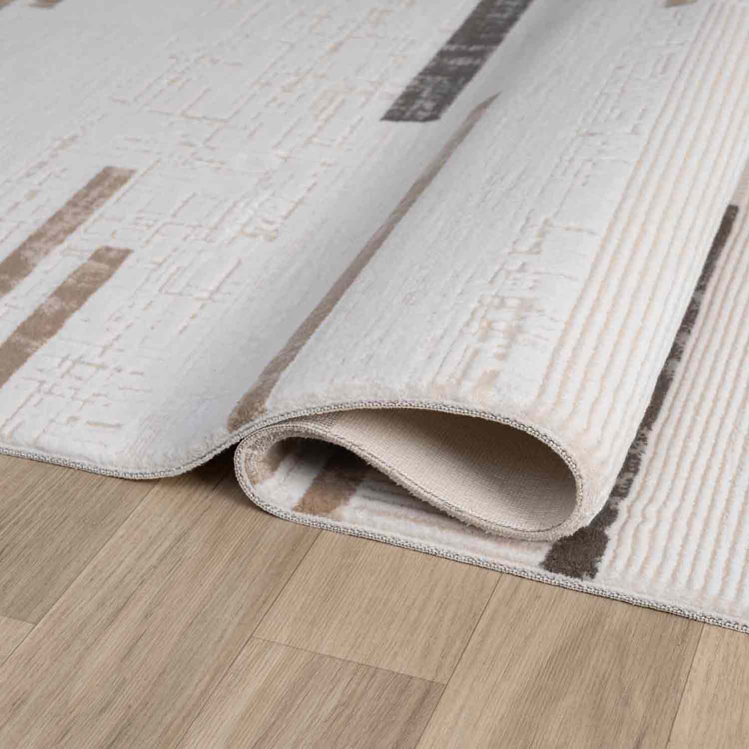 Krem Bej Kahve Yatay Blok Desenli Halı