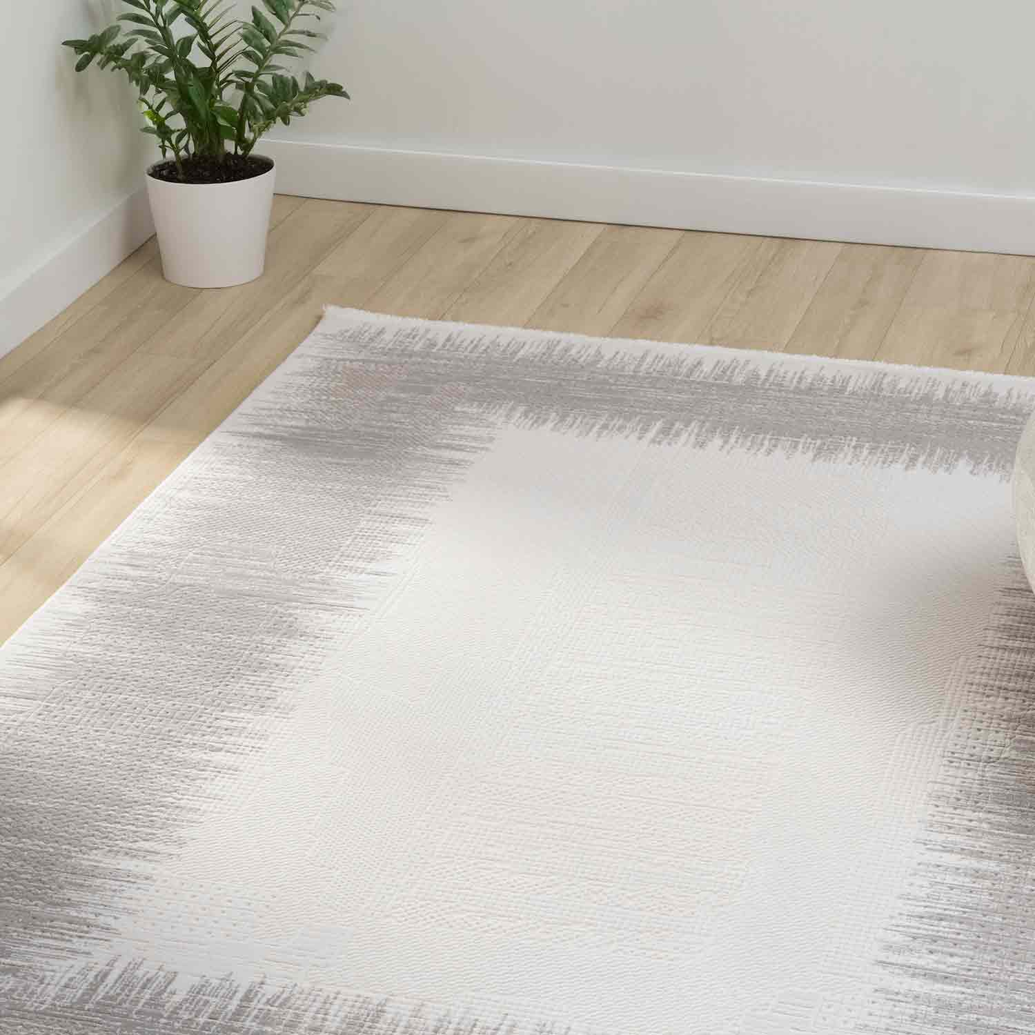 Gri Beyaz Bordürlü Modern Halı