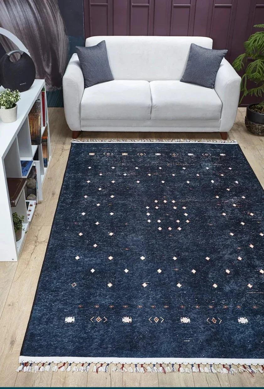Lacivert Beyaz Minimal Geometrik Desenli Kilim Halı-Pera Halı