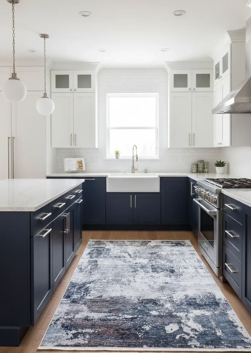 Lacivert, Beyaz ve Kahve Modern Soyut Sanat Halısı-Pera Halı