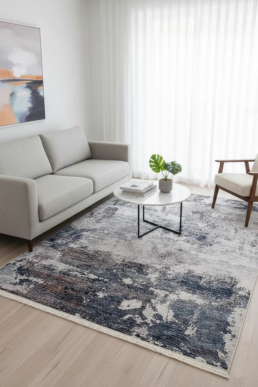 Lacivert, Beyaz ve Kahve Modern Soyut Sanat Halısı-Pera Halı