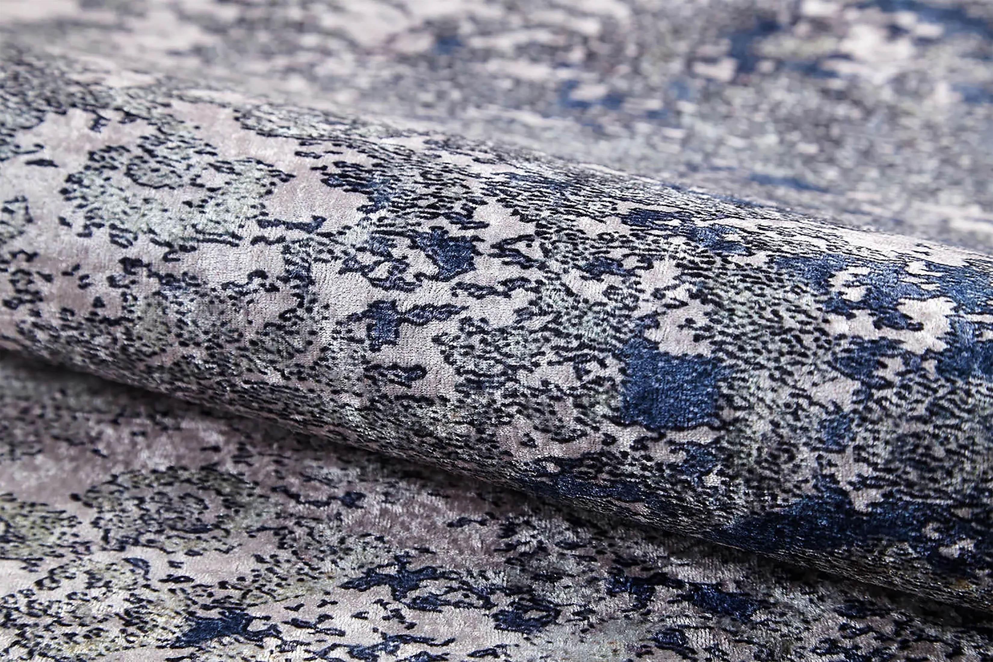 Lacivert Gri Çiçekli Vintage Geometrik Modern Halı-Pera Halı