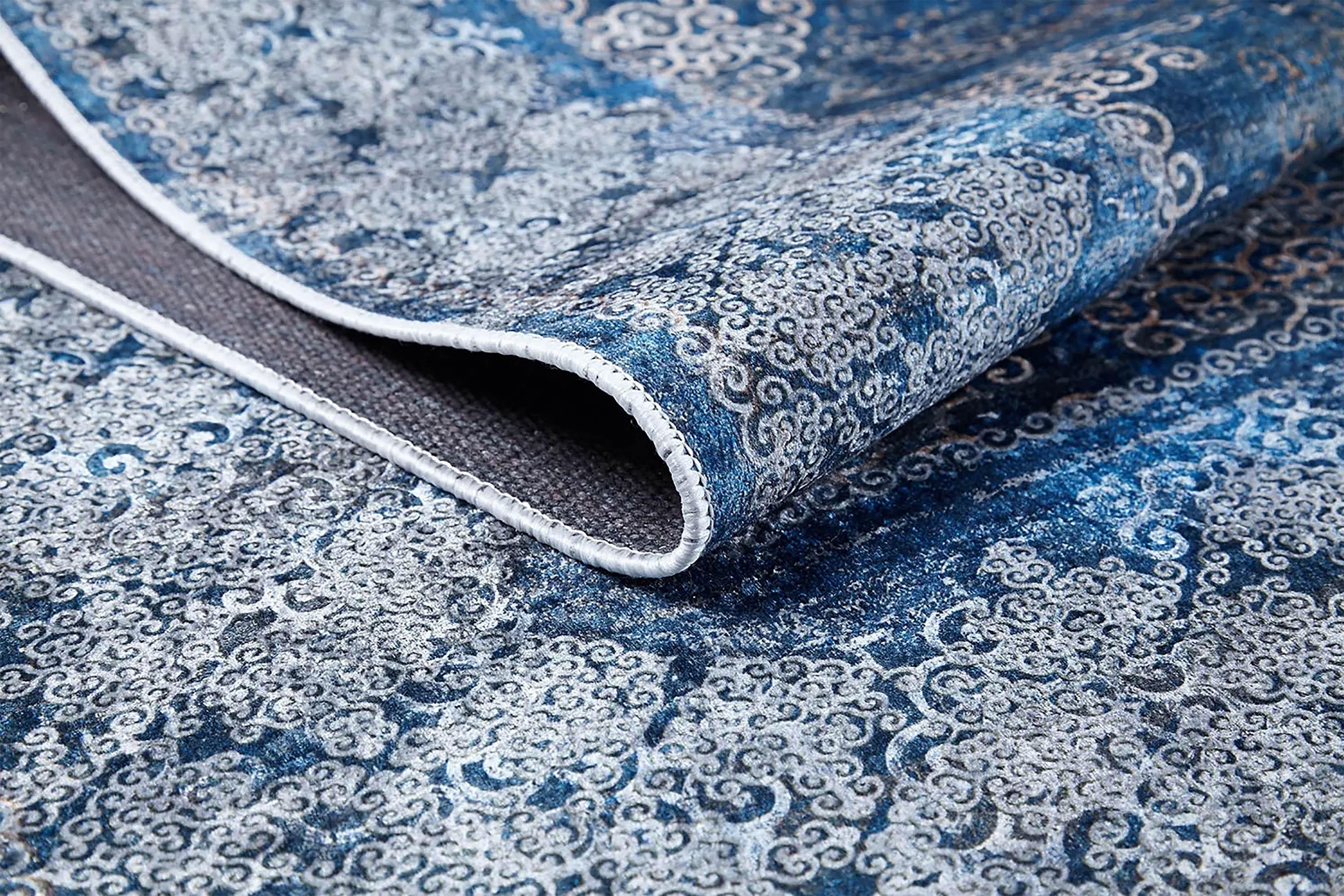 Lacivert Gri Çiçekli Vintage Madalyonlu Geometrik Halı-Pera Halı