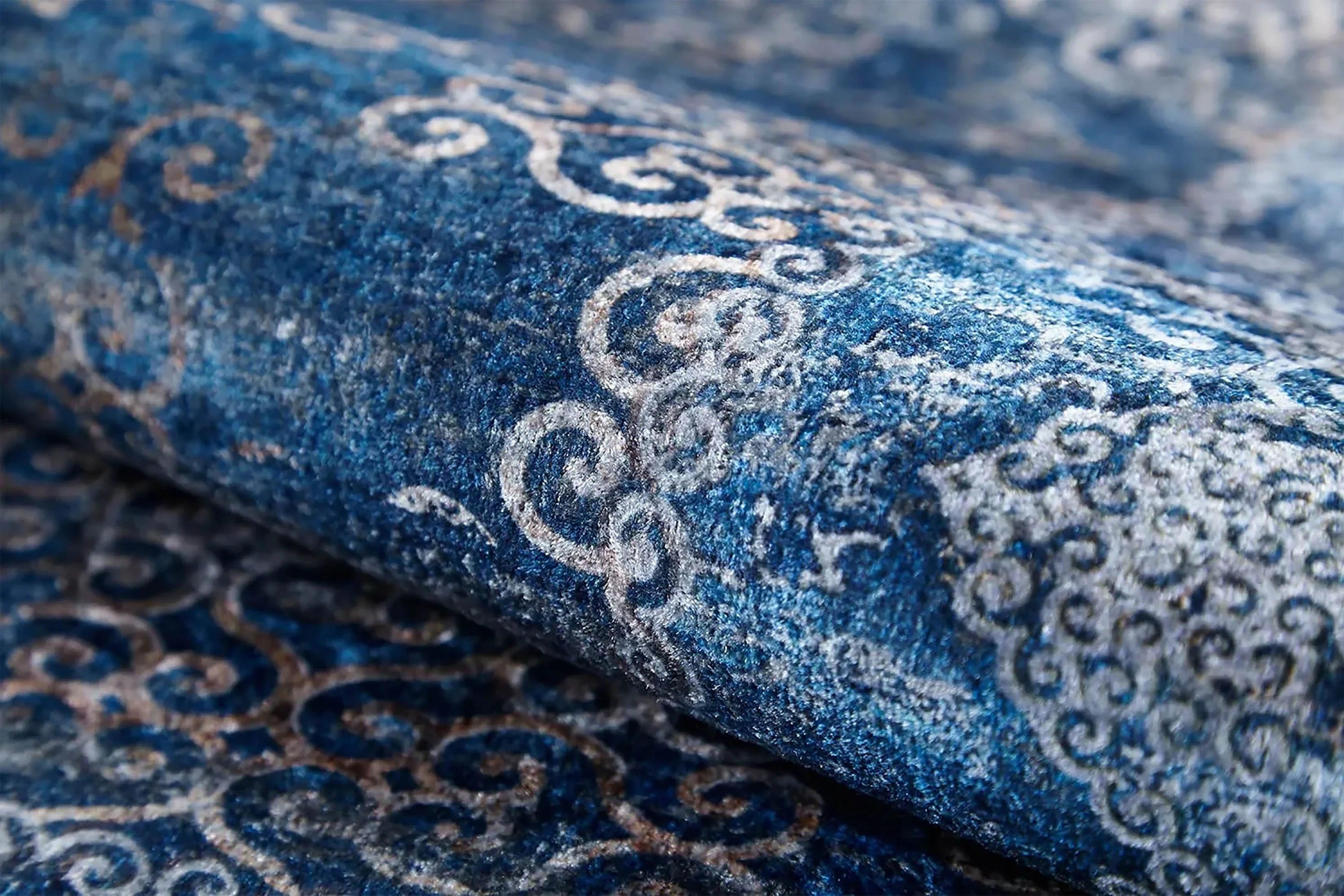 Lacivert Gri Çiçekli Vintage Madalyonlu Geometrik Halı-Pera Halı