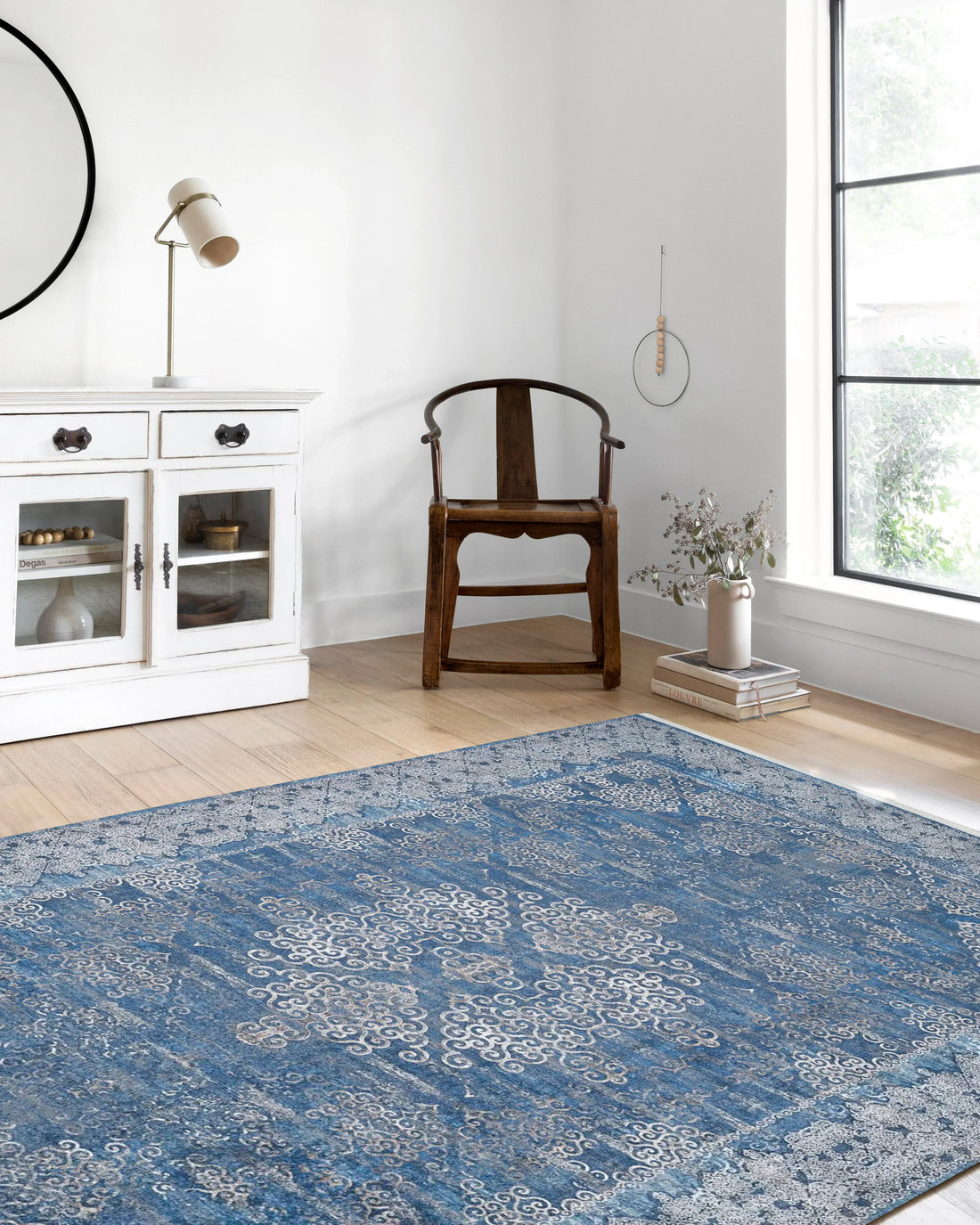 Lacivert Gri Çiçekli Vintage Madalyonlu Geometrik Halı