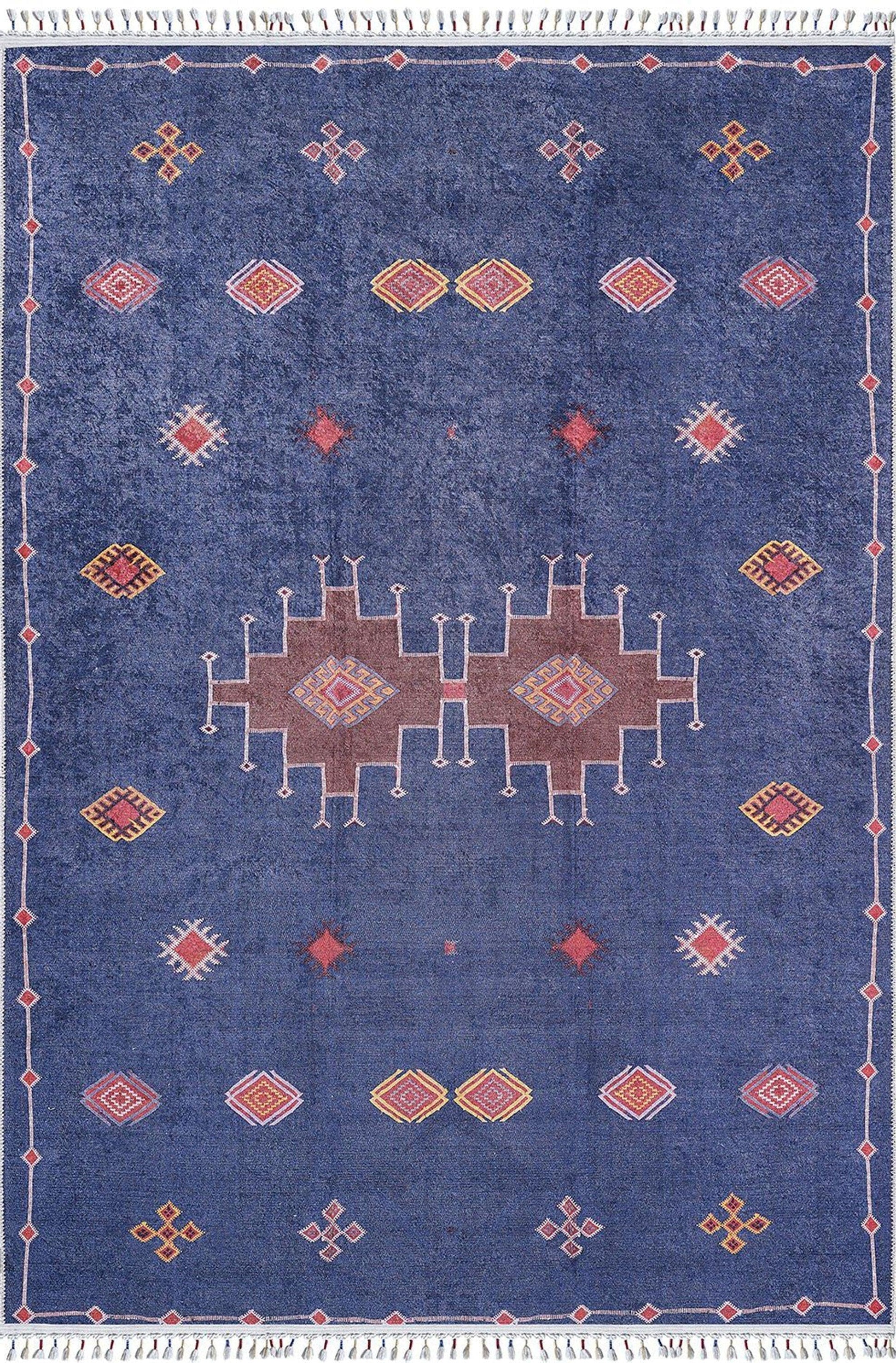Lacivert Kırmızı Geometrik Desenli Anadolu Kilim Halı-Pera Halı