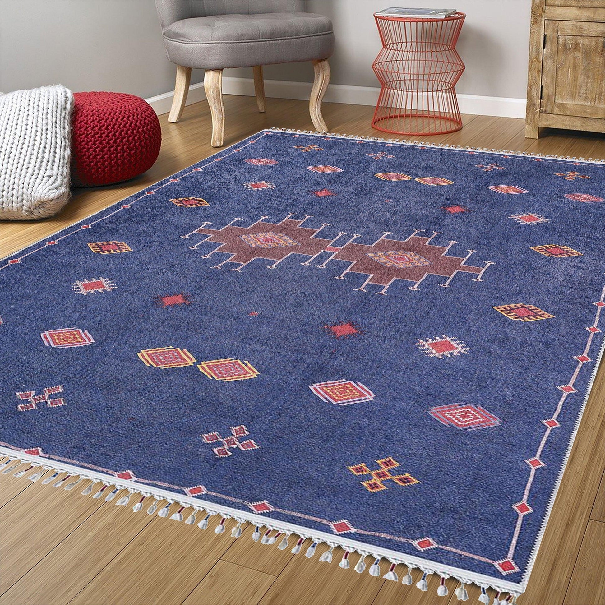 Lacivert Kırmızı Geometrik Desenli Anadolu Kilim Halı-Pera Halı