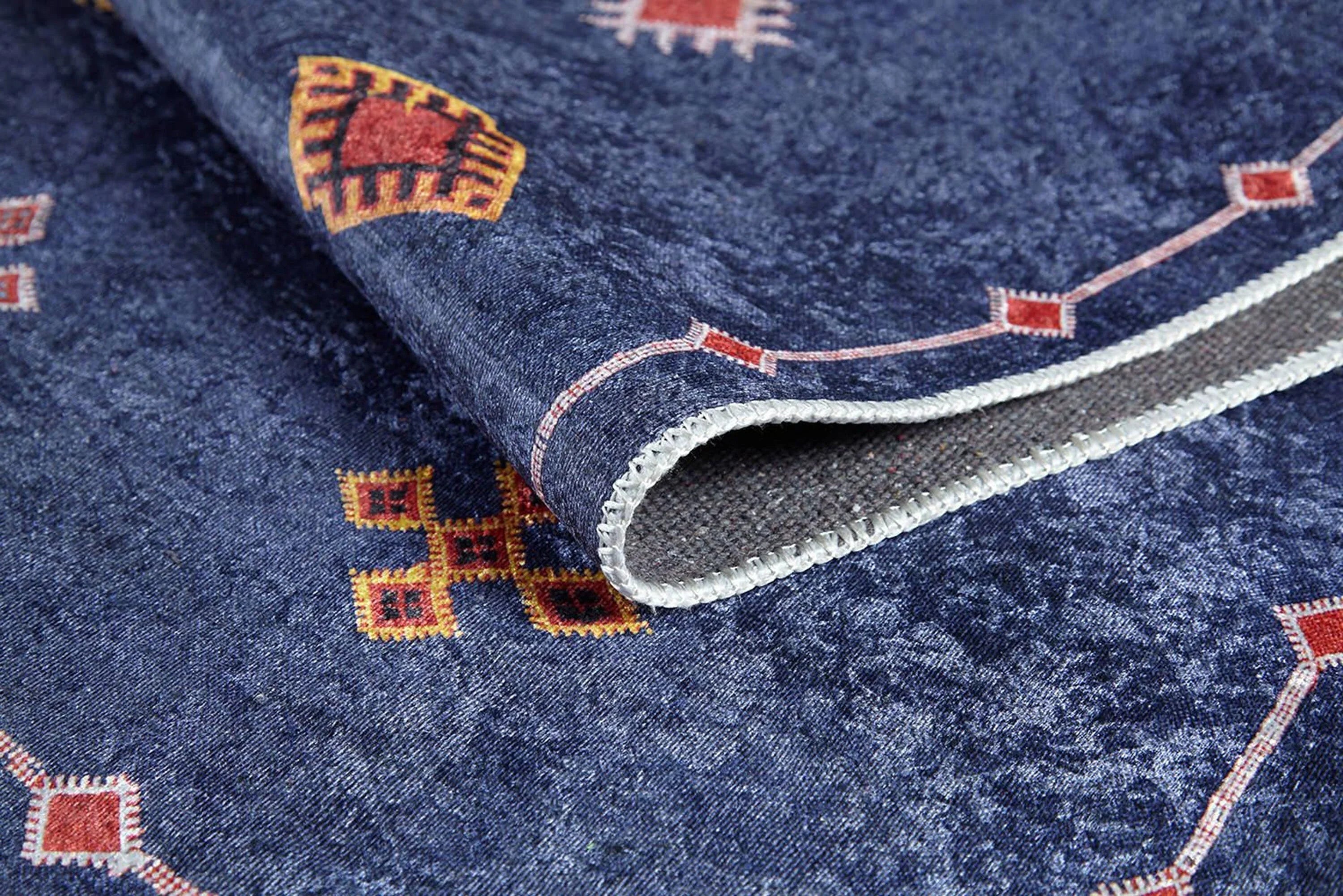 Lacivert Kırmızı Geometrik Desenli Anadolu Kilim Halı-Pera Halı