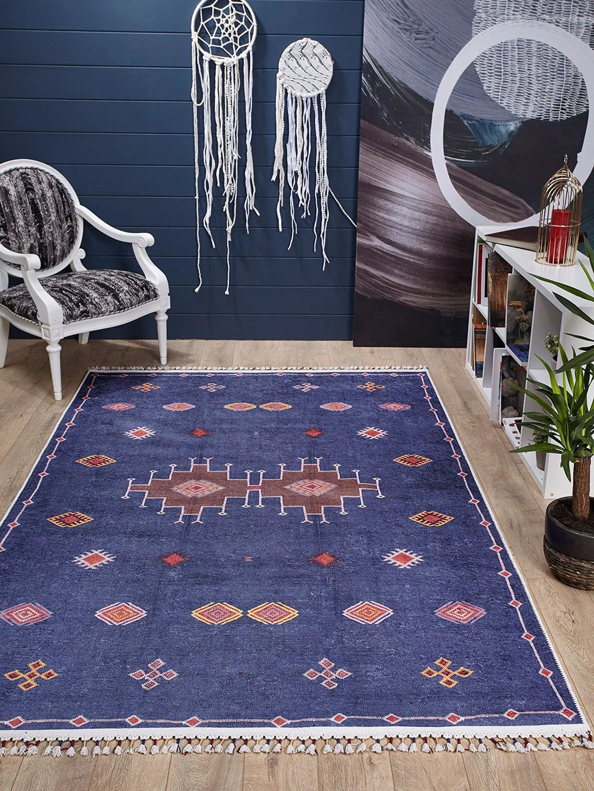 Lacivert Kırmızı Geometrik Desenli Anadolu Kilim Halı-Pera Halı
