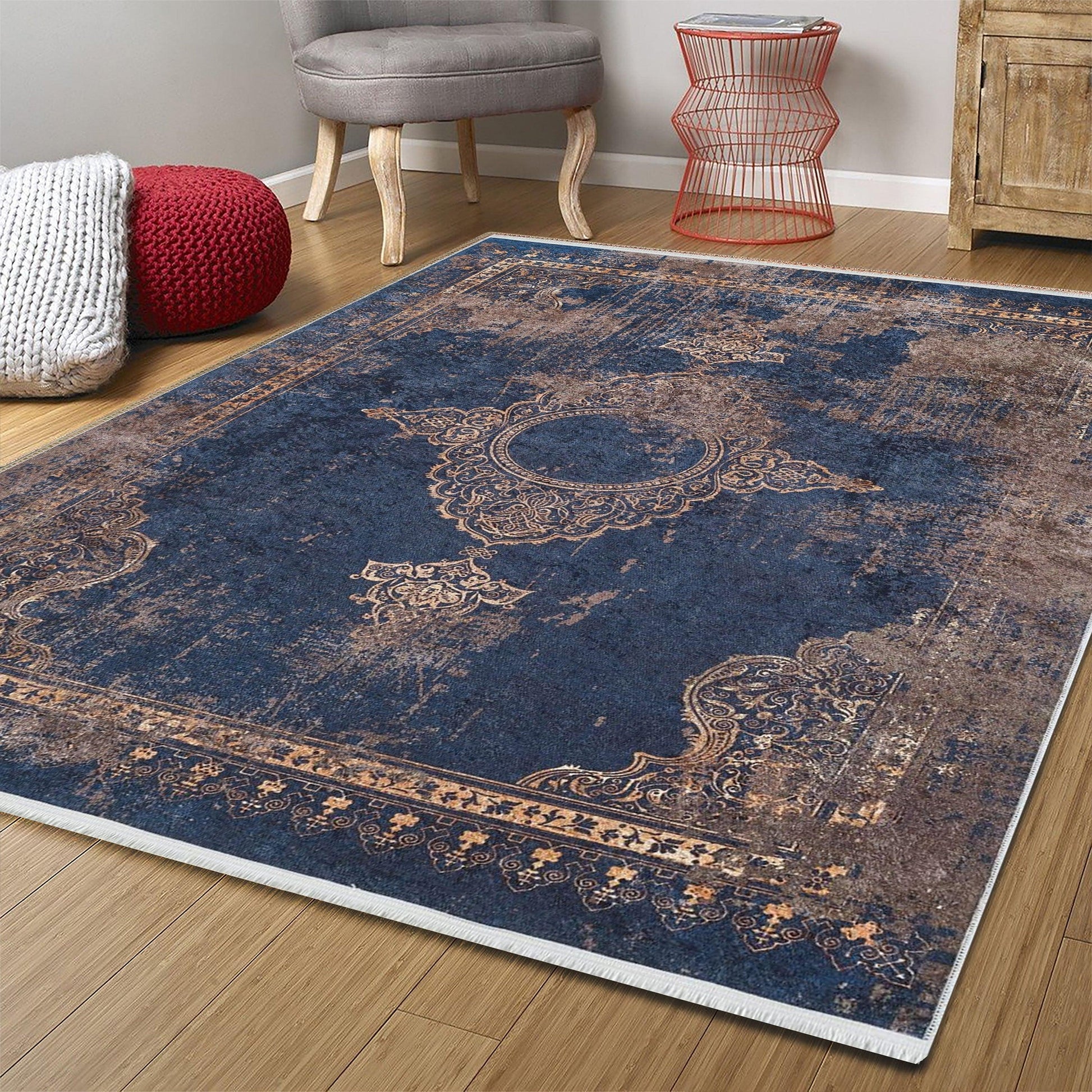 Lacivert Krem Bej Geometrik Desenli Kilim Halı-Pera Halı