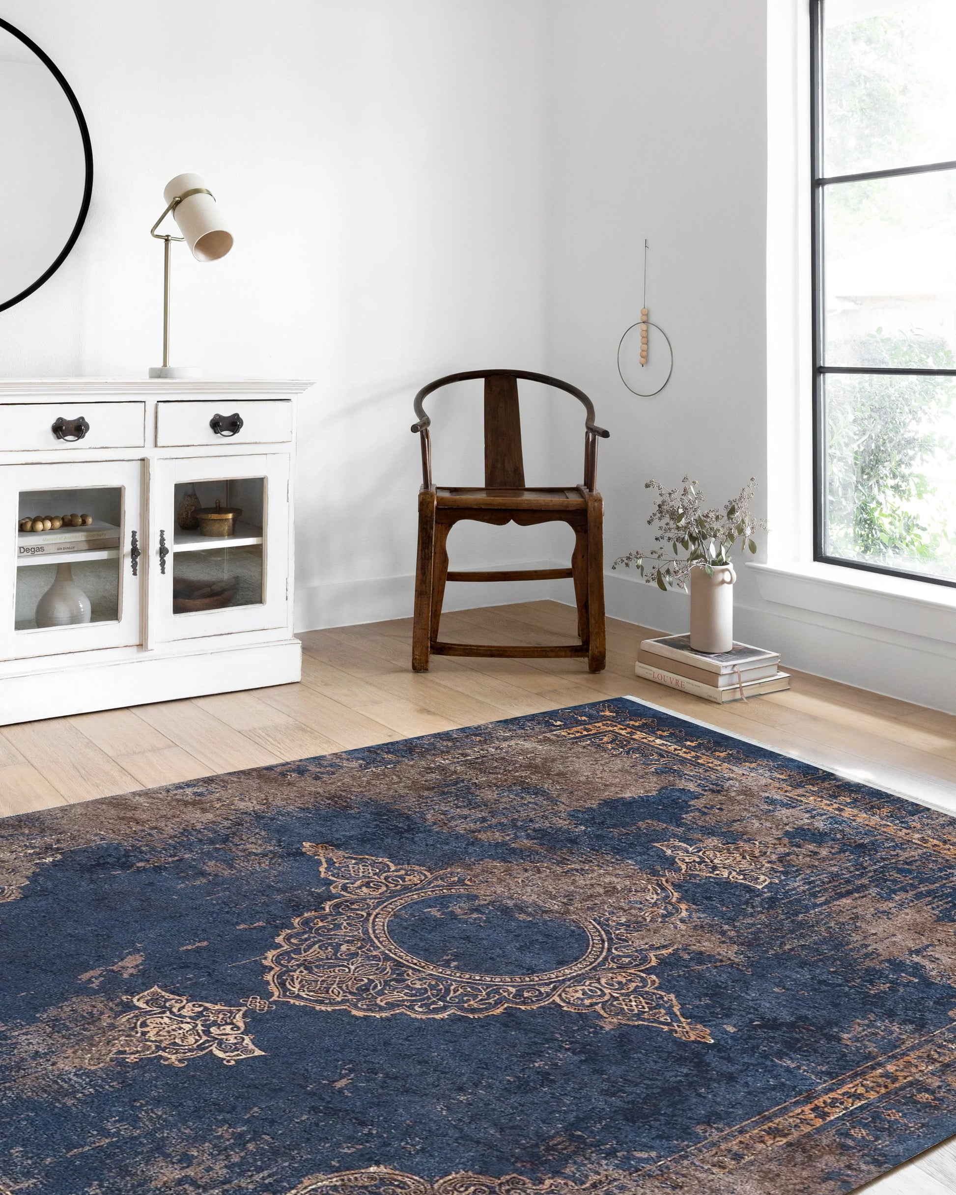 Lacivert Krem Bej Geometrik Desenli Kilim Halı-Pera Halı