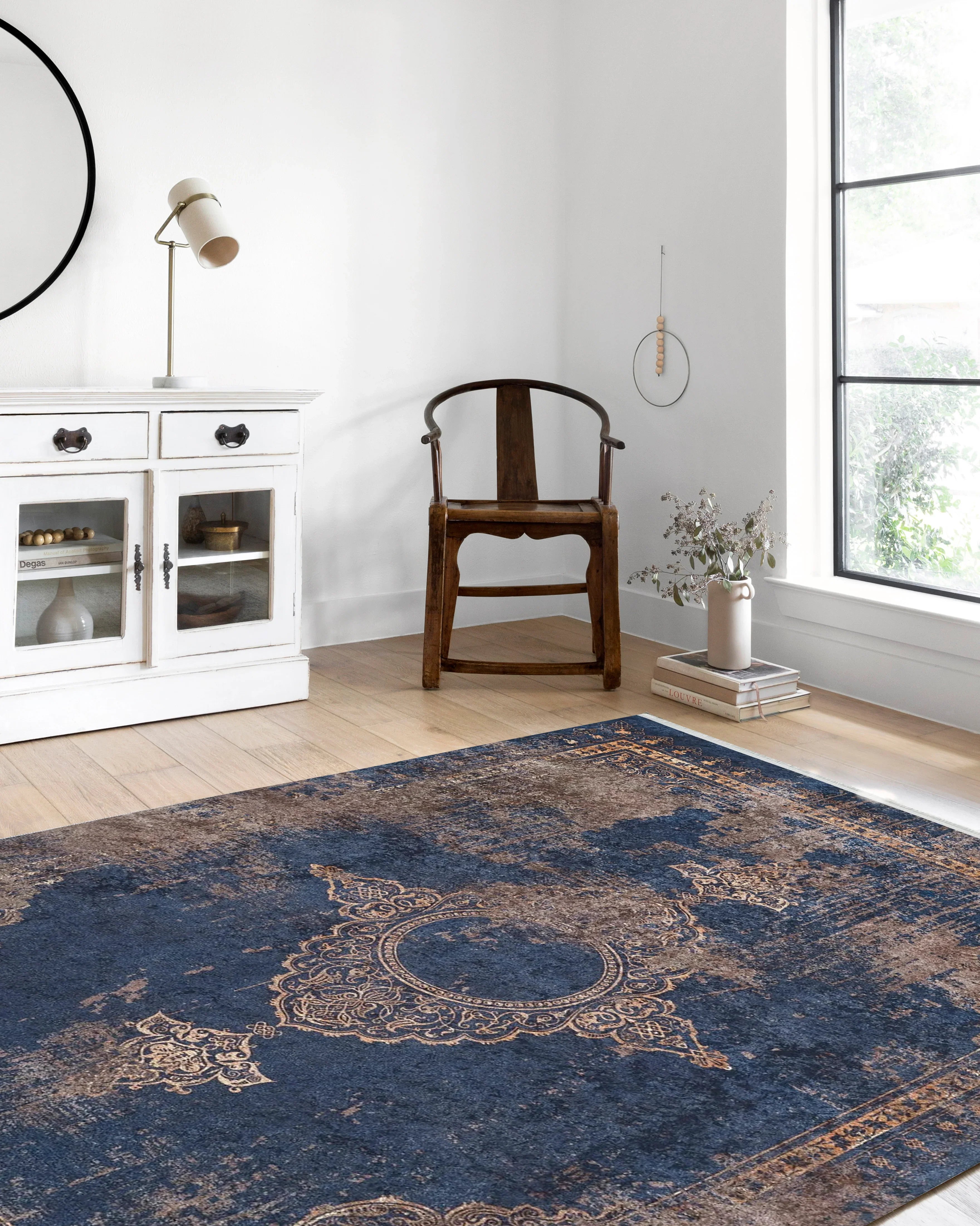 Lacivert Krem Bej Geometrik Desenli Kilim Halı-Pera Halı