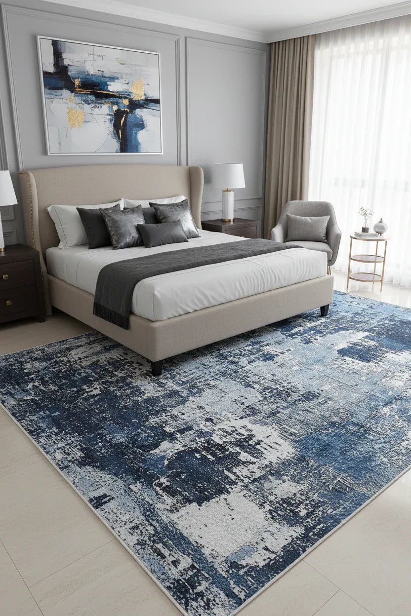 Lacivert ve Beyaz Yoğun Modern Soyut Sanat Halısı-Pera Halı