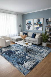 Lacivert ve Beyaz Yoğun Modern Soyut Sanat Halısı-Pera Halı